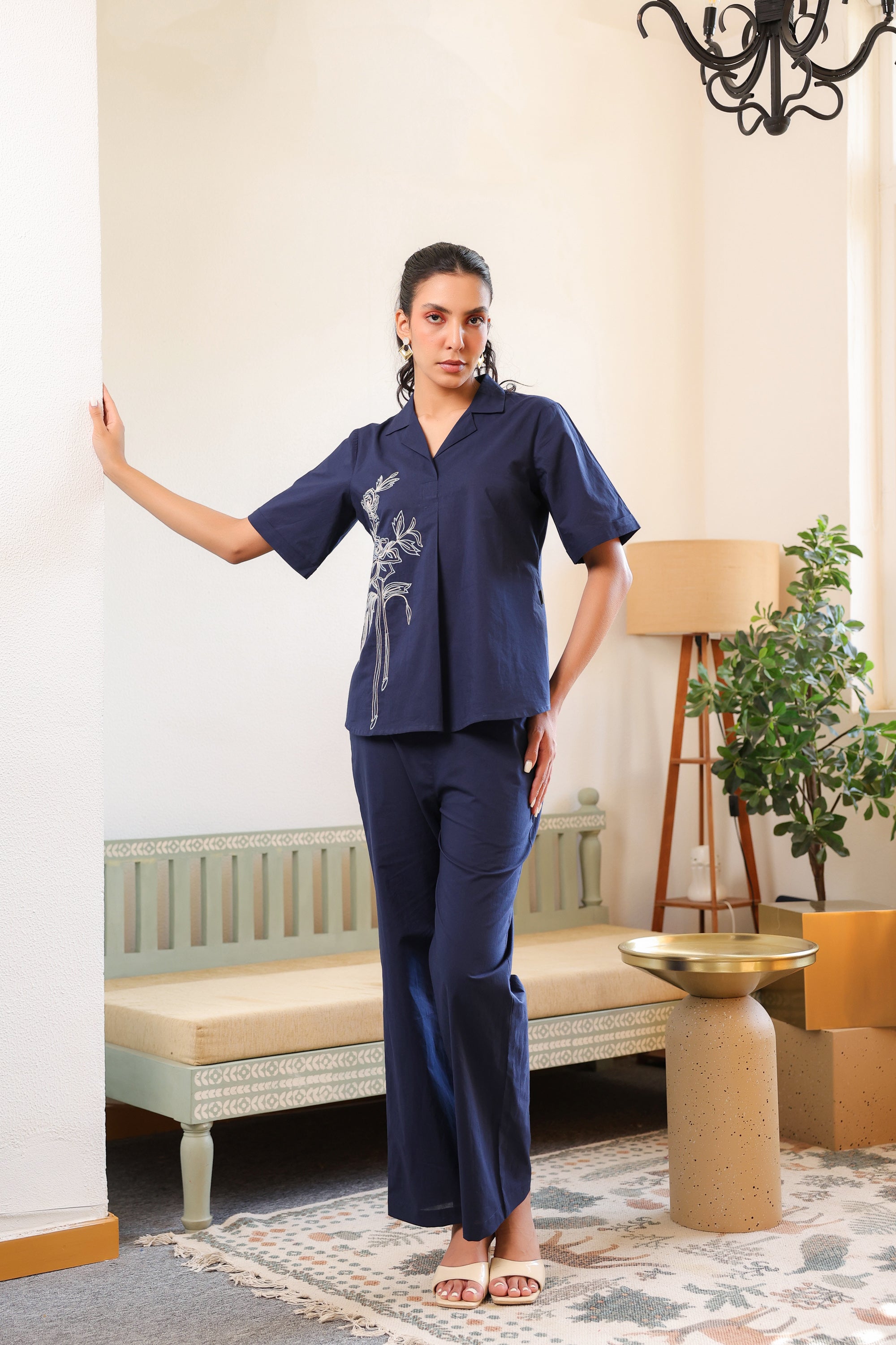 Blue Rosette Charm Embroidered Cotton Co-ord Set