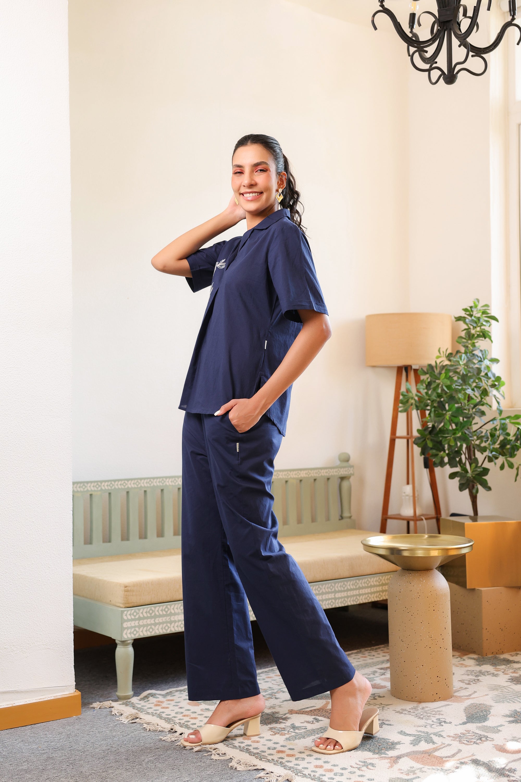 Blue Rosette Charm Embroidered Cotton Co-ord Set