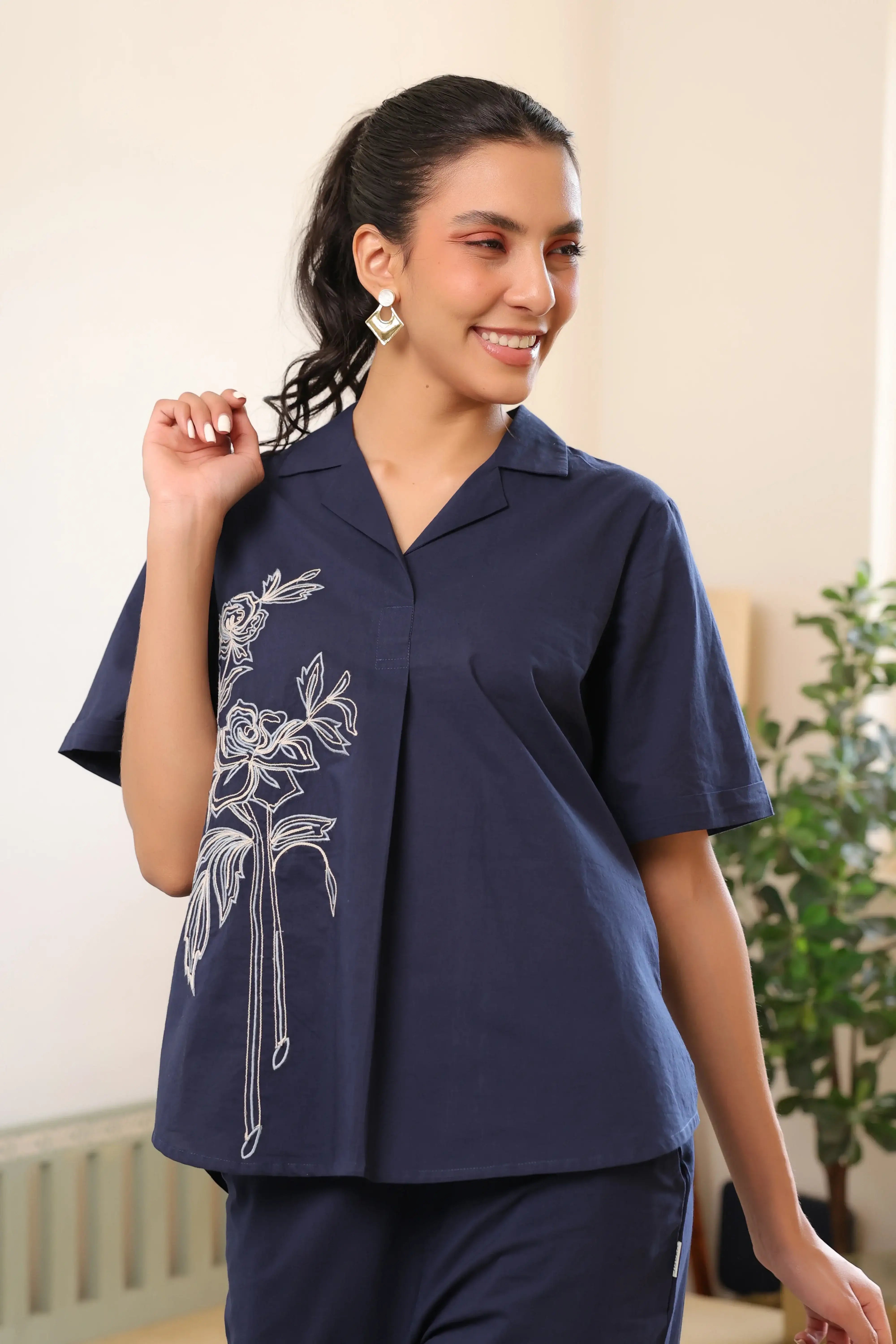 Blue Rosette Charm Embroidered Cotton Co-ord Set