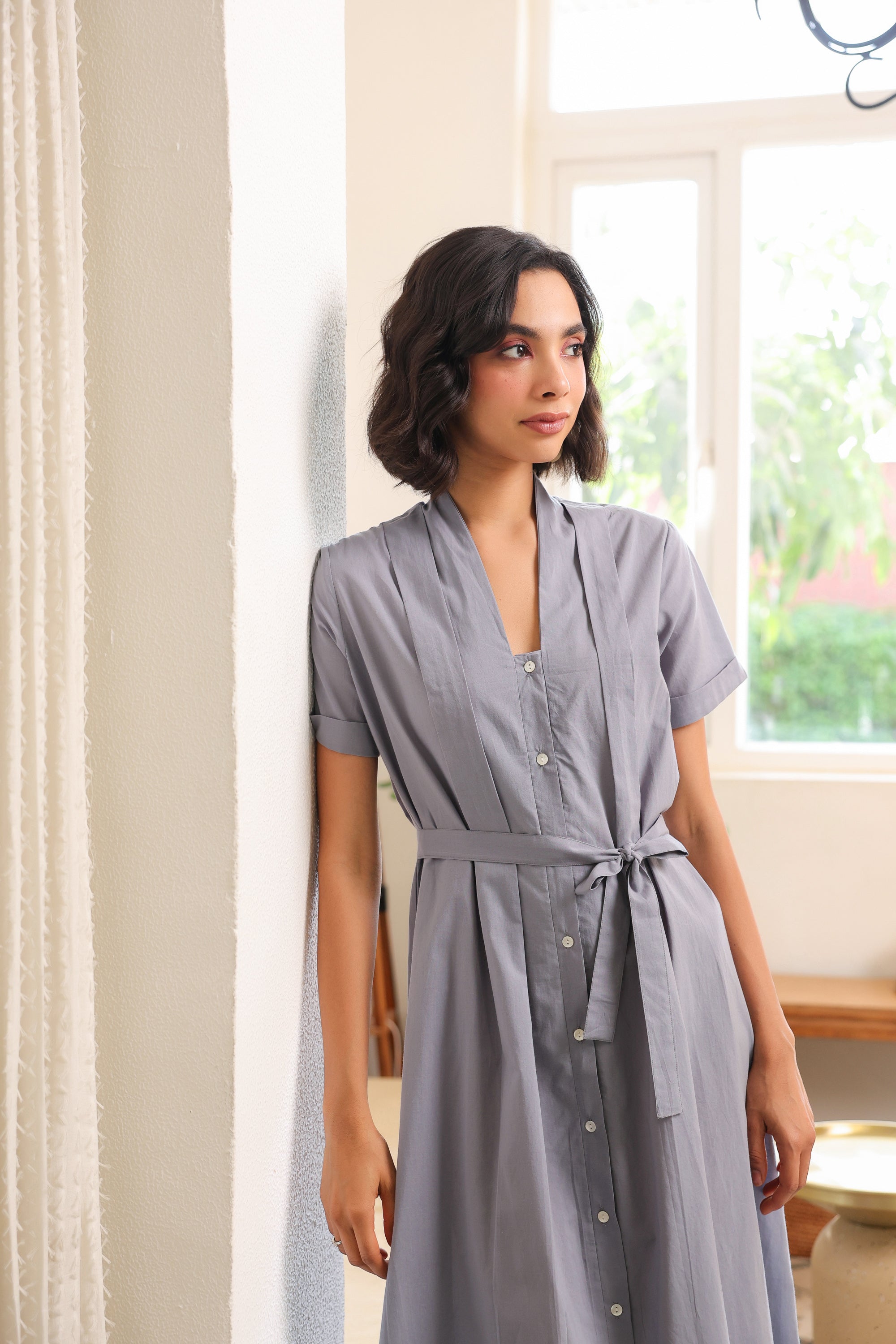 Mist Grey Button-Down Cotton Dress