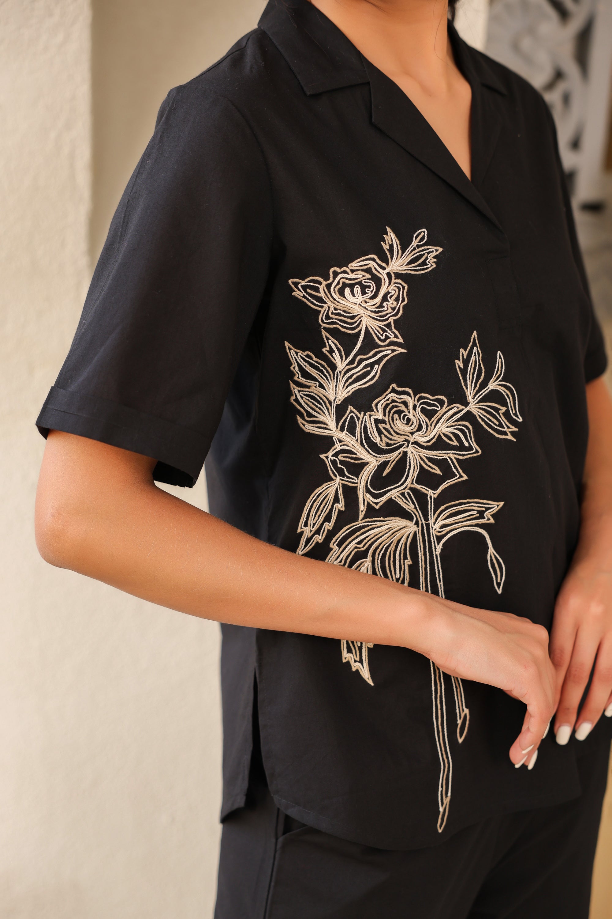 Black Rosette Charm Embroidered Cotton Co-ord Set
