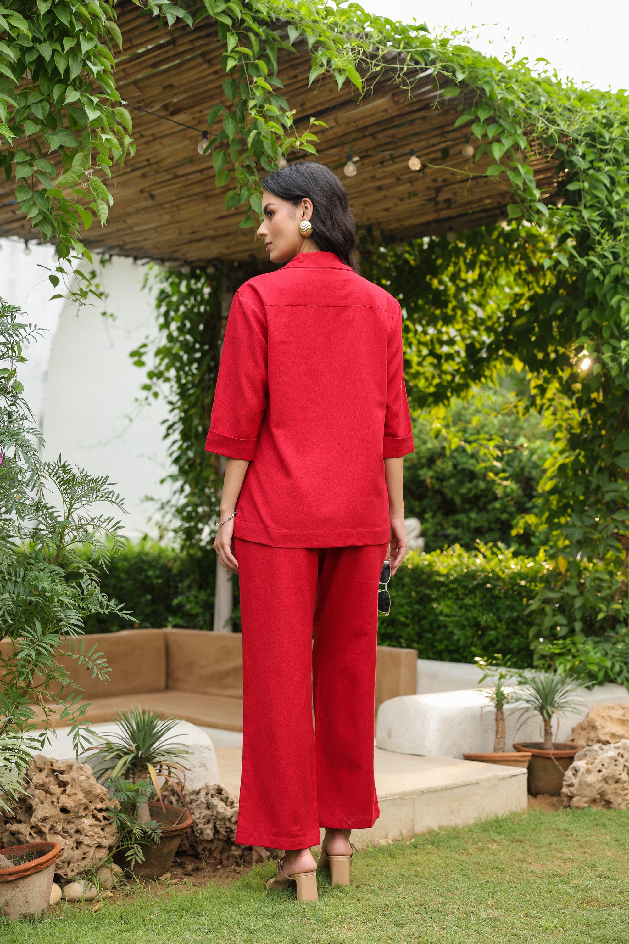 Red Blazer-Style with Notch Lapel Cotton Flex Co-ord Set