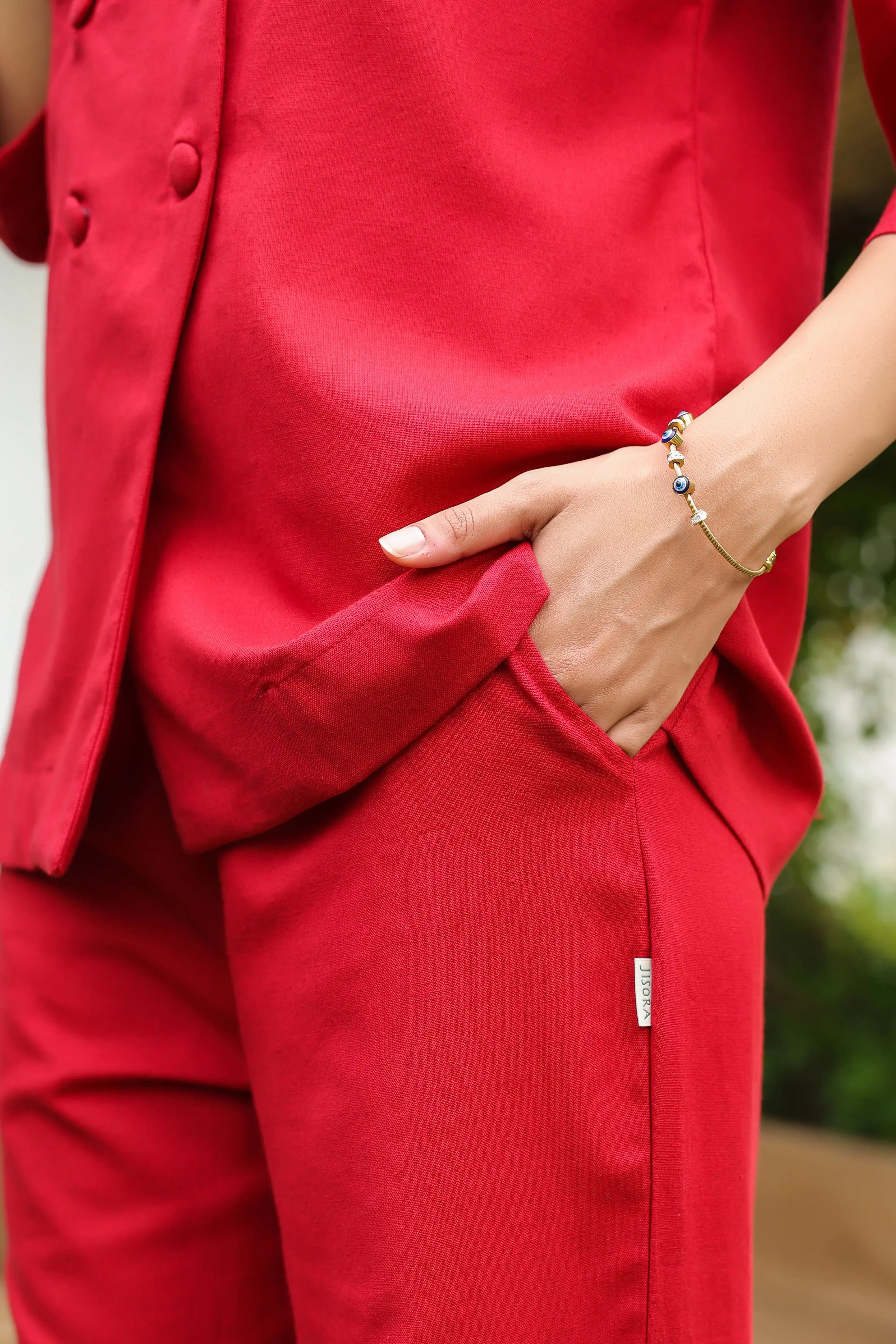 Red Blazer-Style with Notch Lapel Cotton Flex Co-ord Set