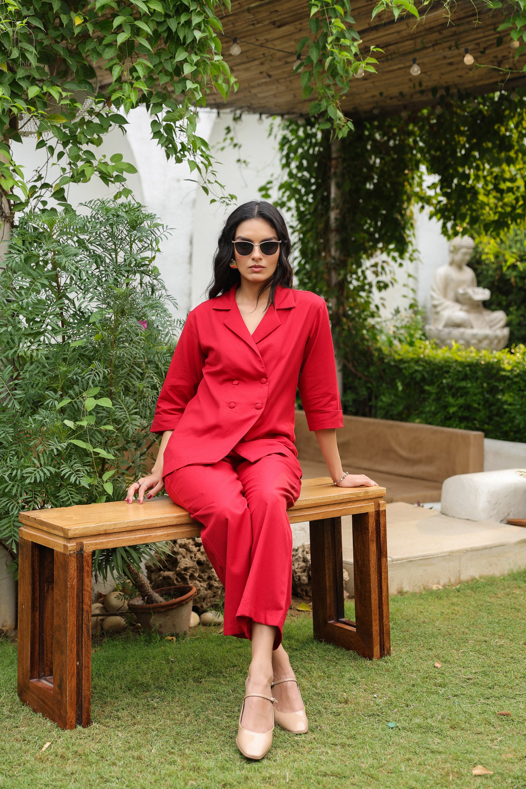 Red Blazer-Style with Notch Lapel Cotton Flex Co-ord Set