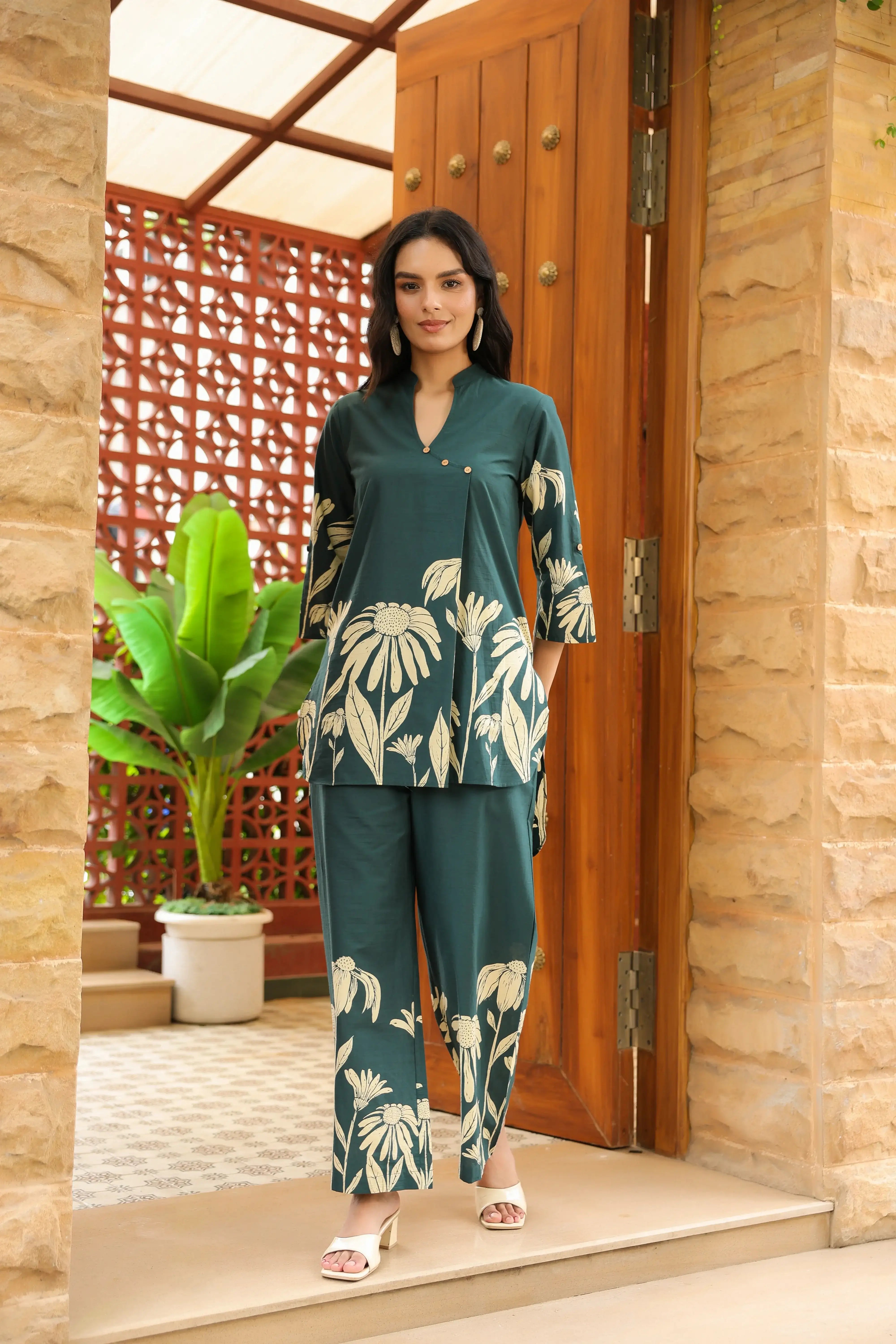 Teal Green Floral Printed Cotton Co-ord Set