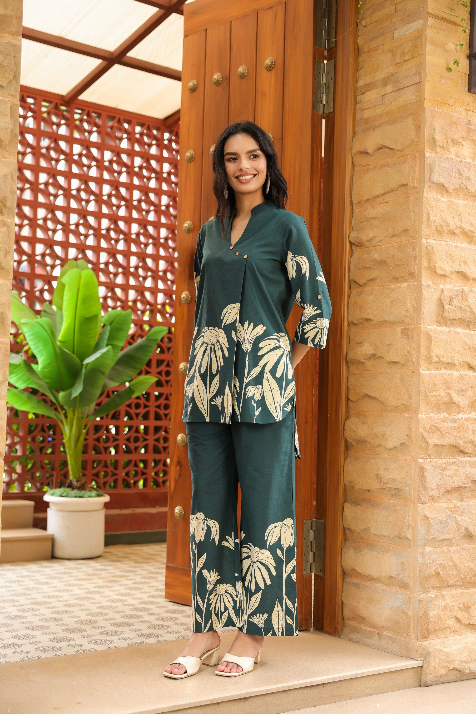 Teal Green Floral Printed Cotton Co-ord Set