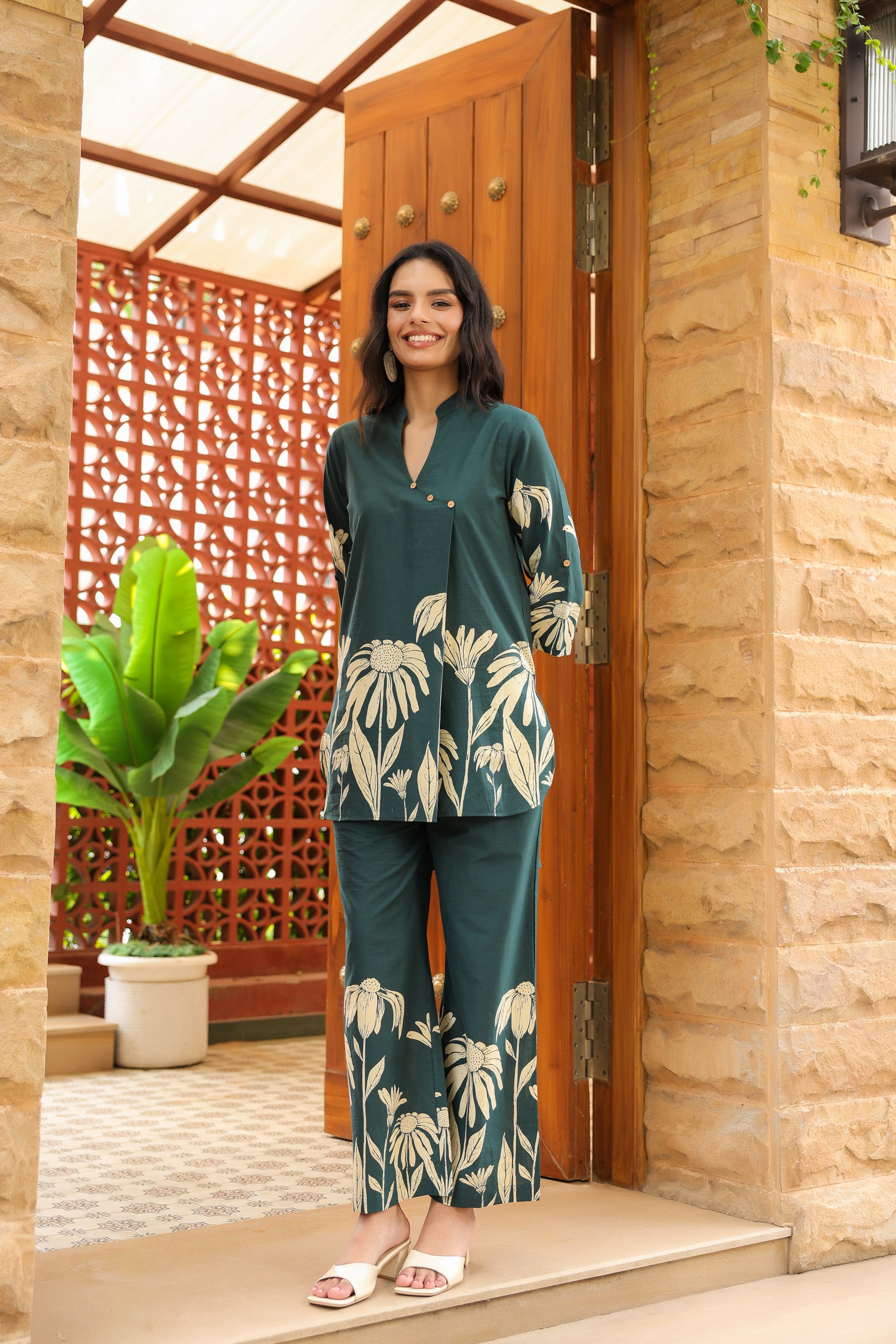 Teal Green Floral Printed Cotton Co-ord Set