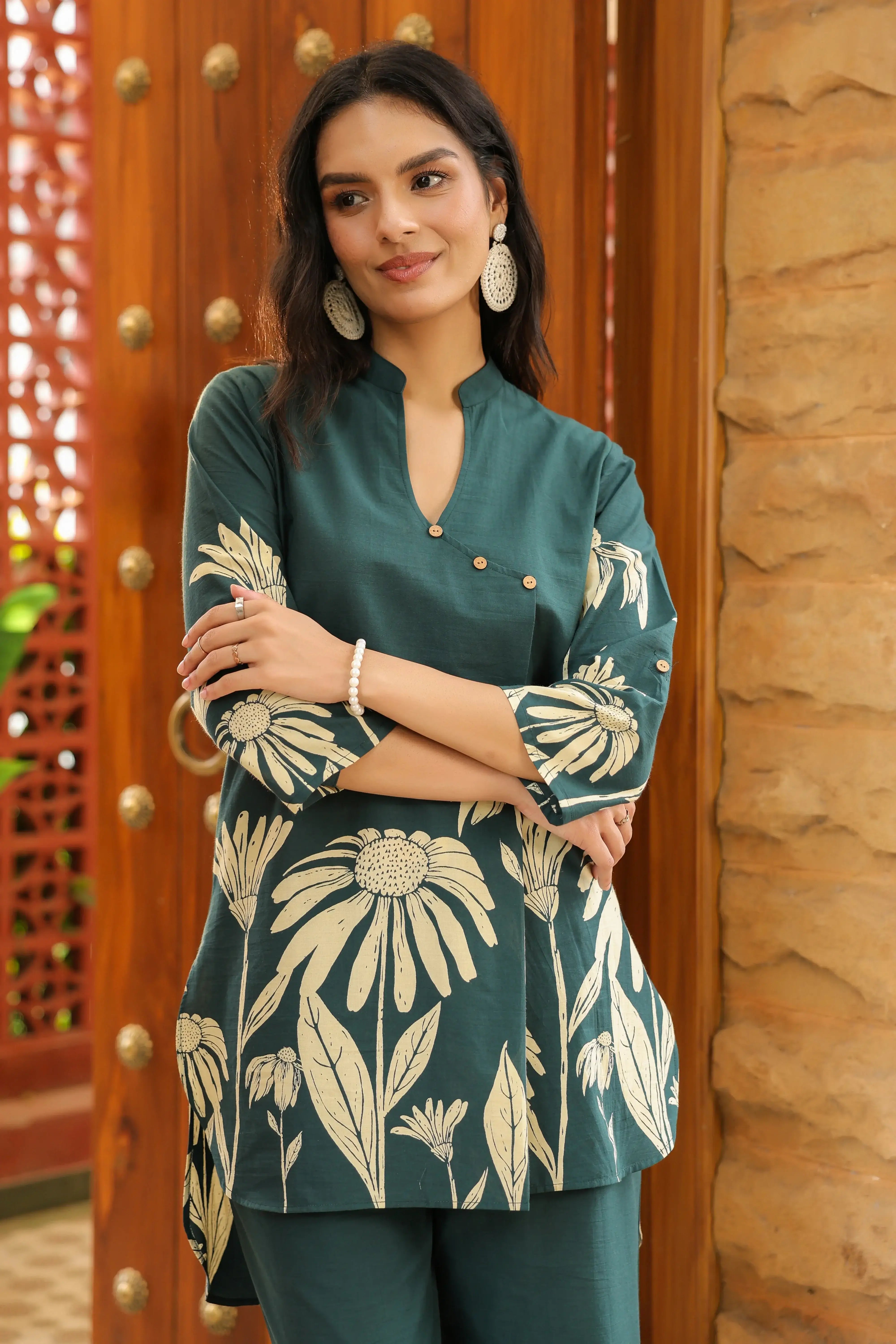 Teal Green Floral Printed Cotton Co-ord Set