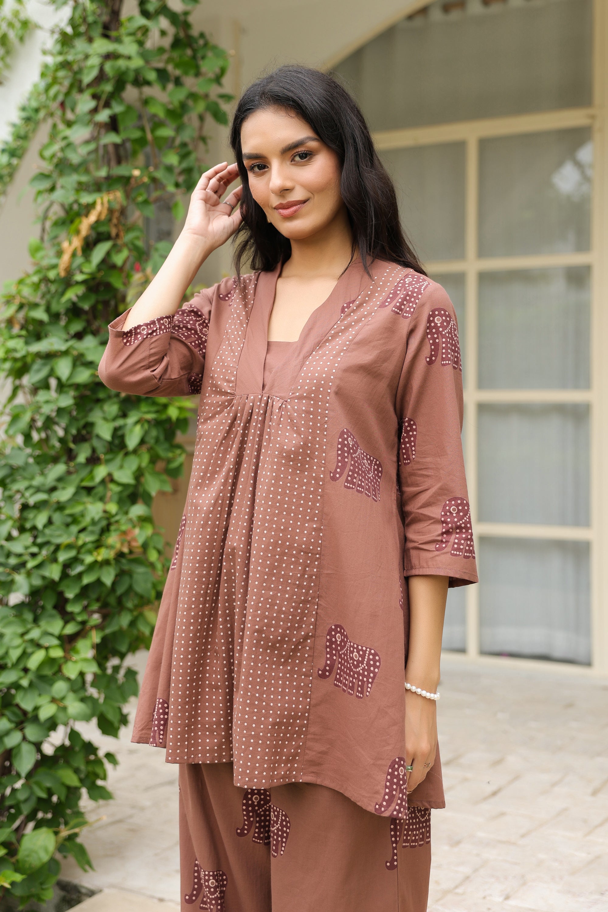 Mocha Elephant Printed Cotton Co-ord Set