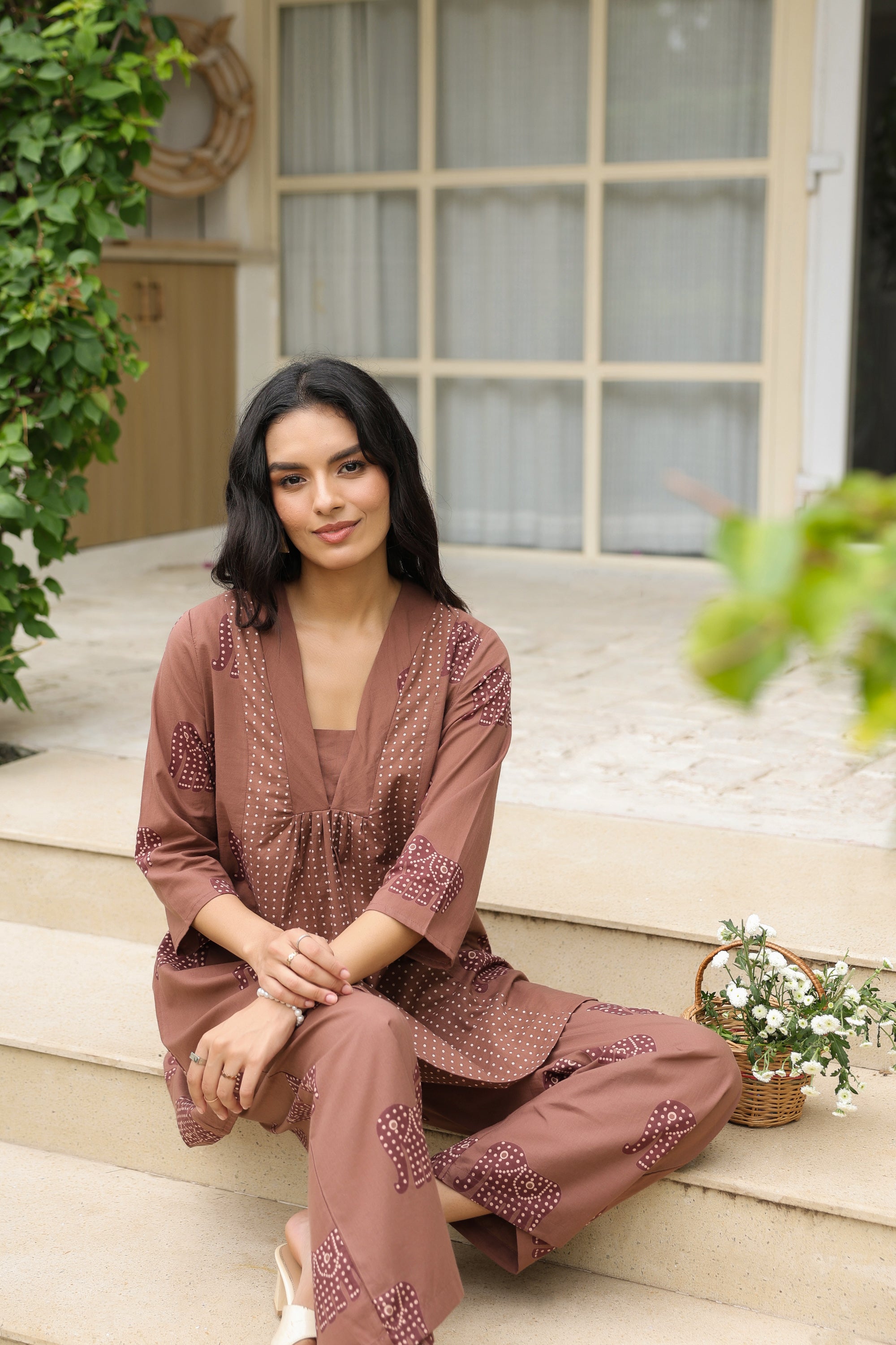 Mocha Elephant Printed Cotton Co-ord Set