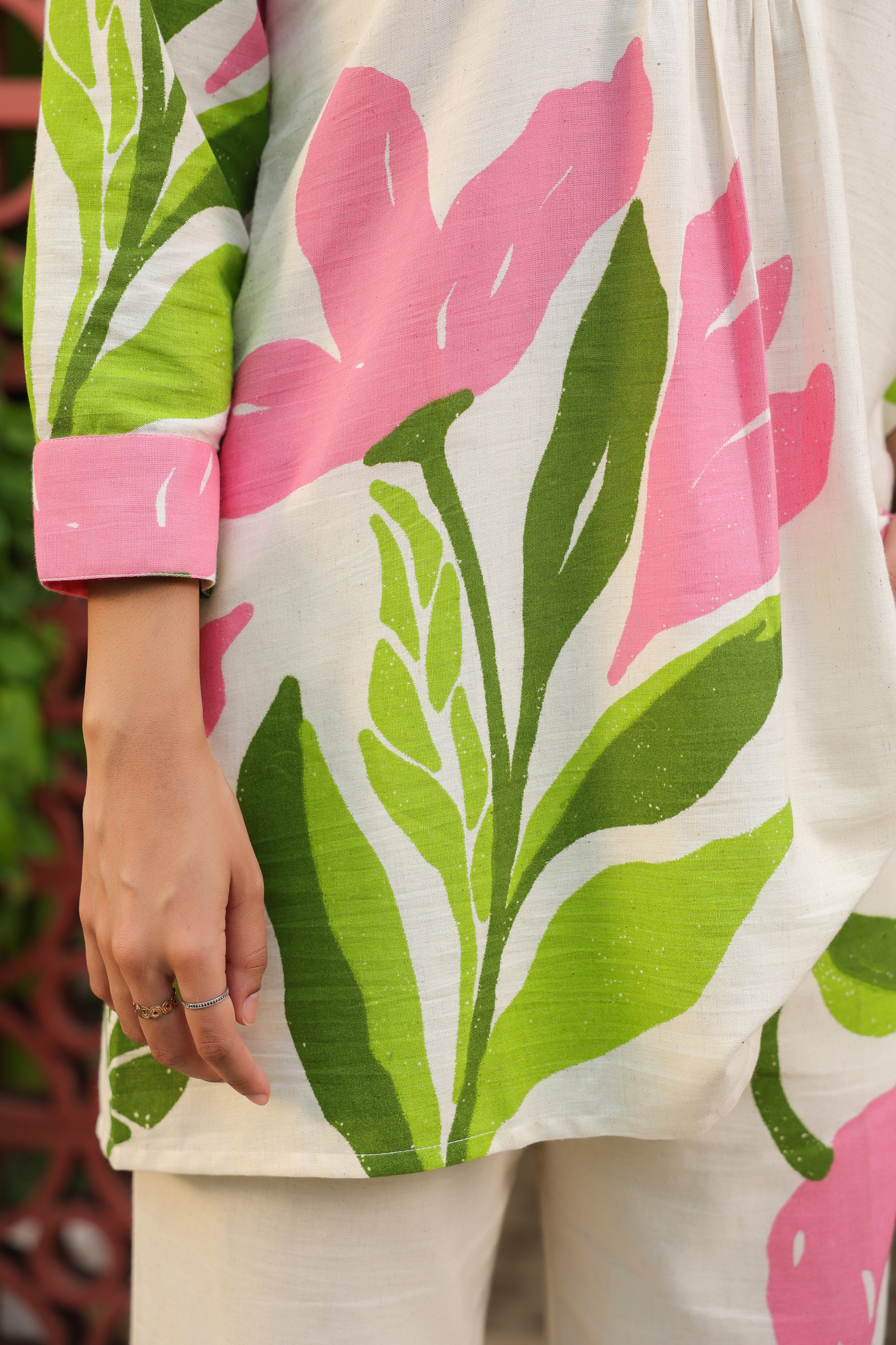 Elegant Blush Beige Floral Printed Cotton Flex Co-ord Set