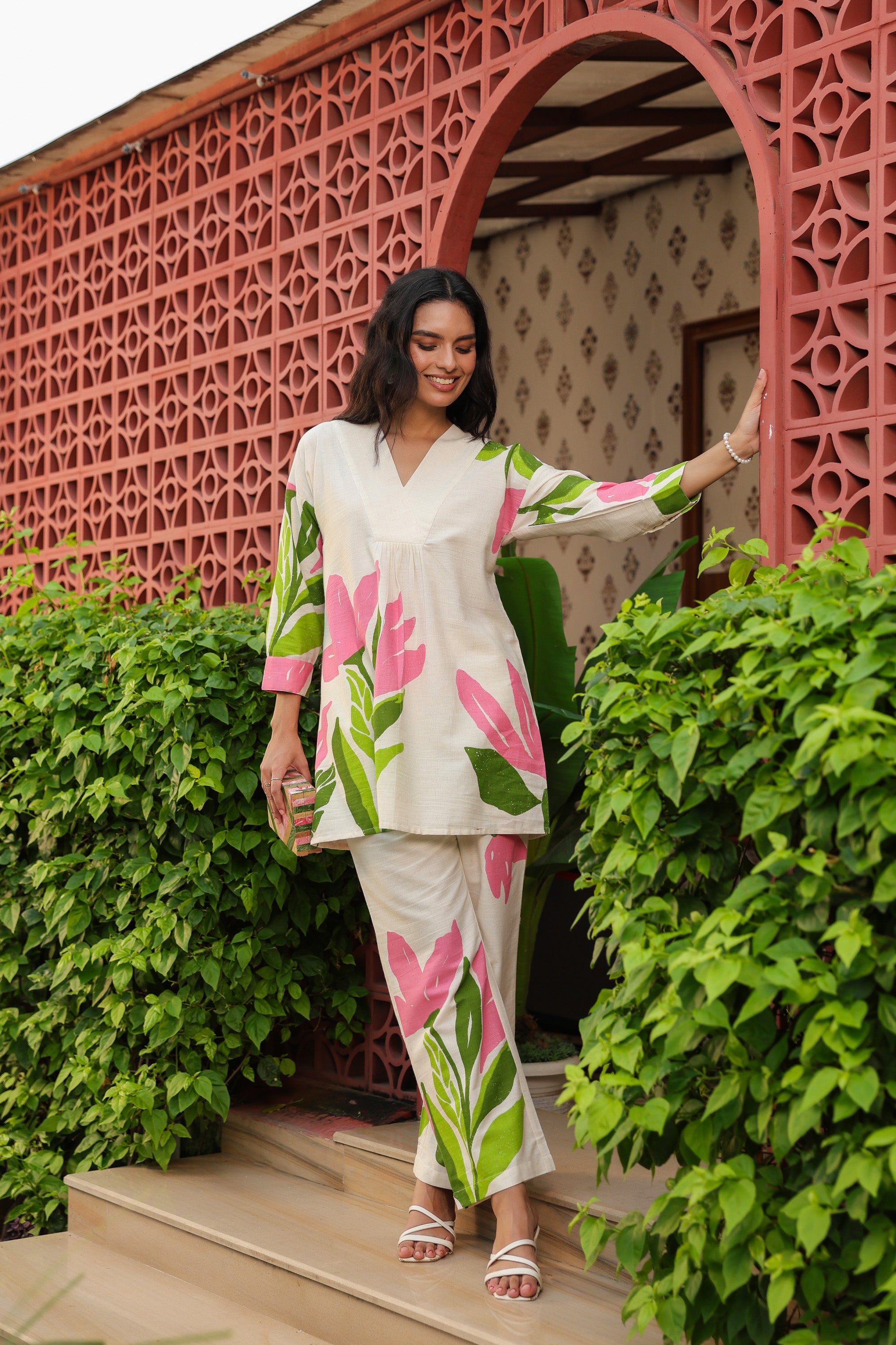 Elegant Blush Floral Printed Cotton Flex Co-ord Set