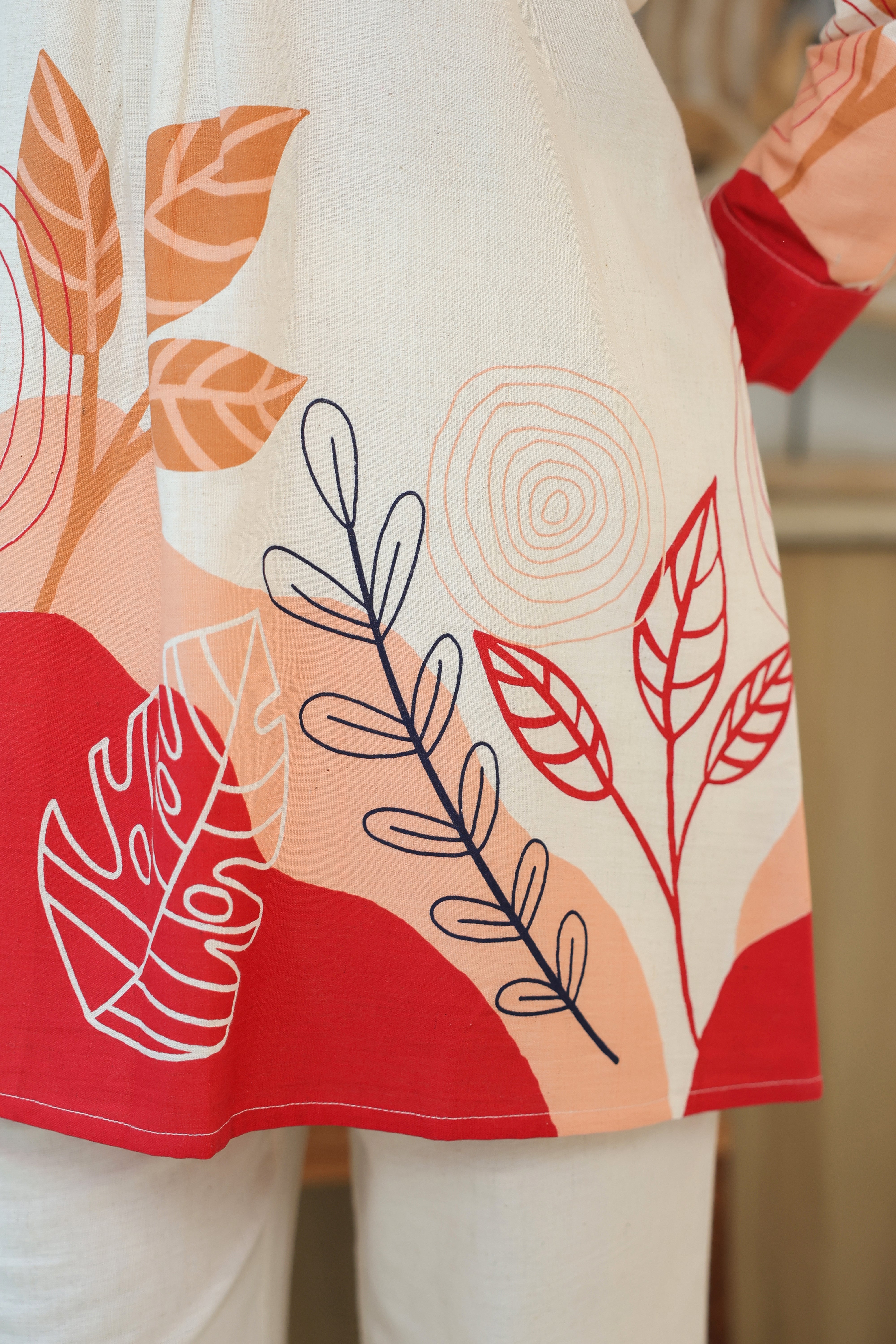 Leaf Motifs Printed Off-White and Red Cotton Flex Co-ord Set