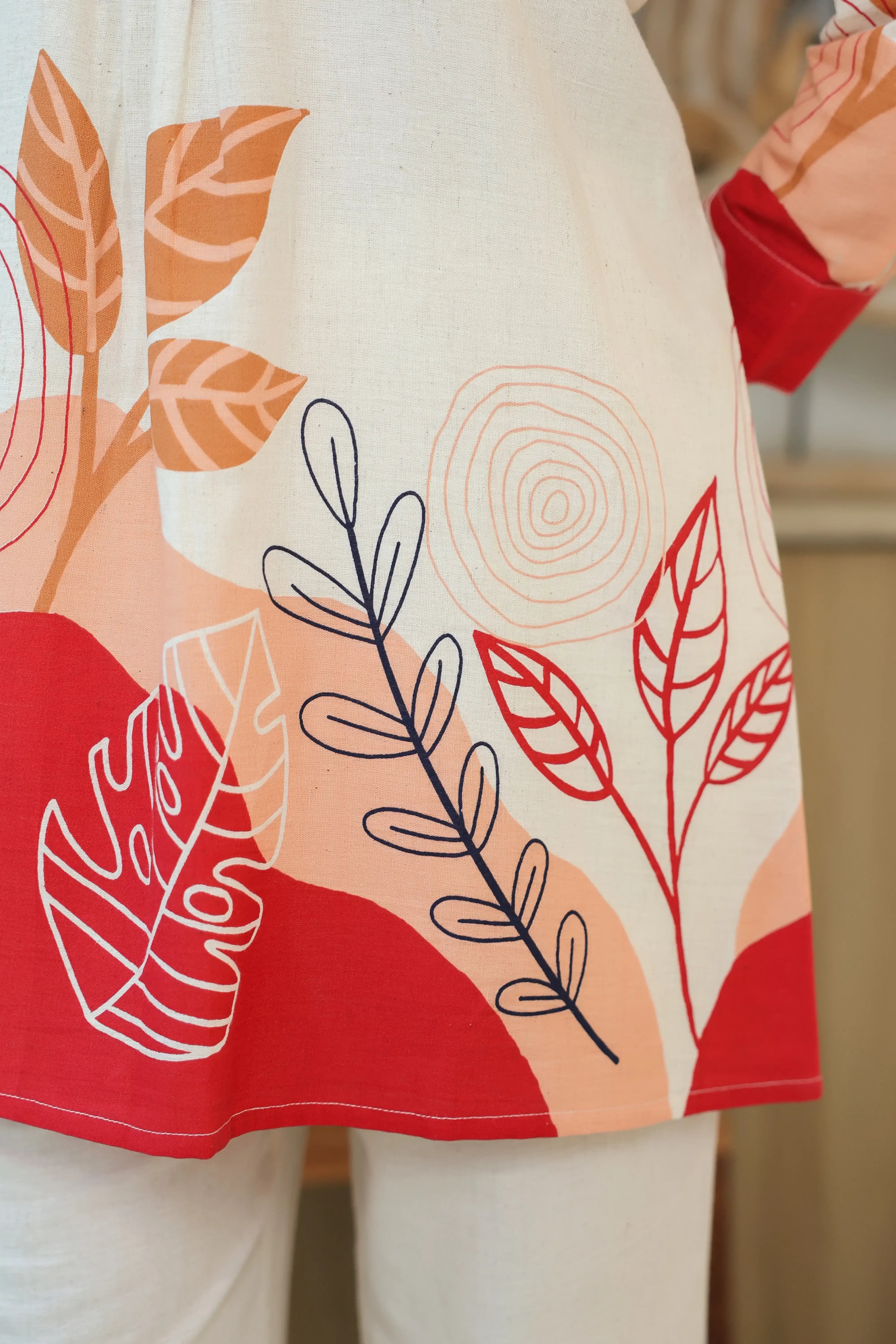 Leaf Motifs Printed Off-White and Red Cotton Flex Co-ord Set
