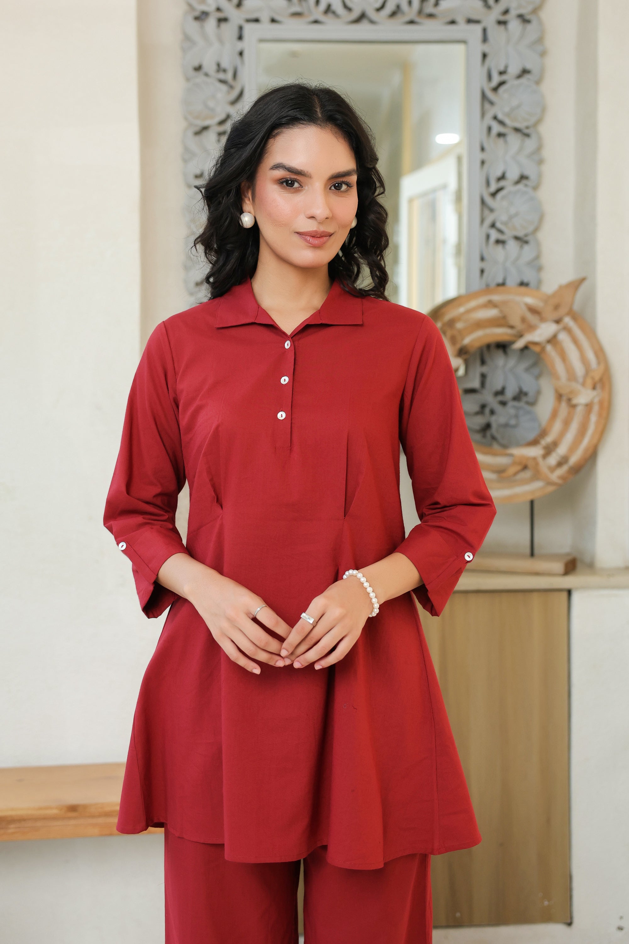 Crimson Ease Cotton Maroon Co-ord Set