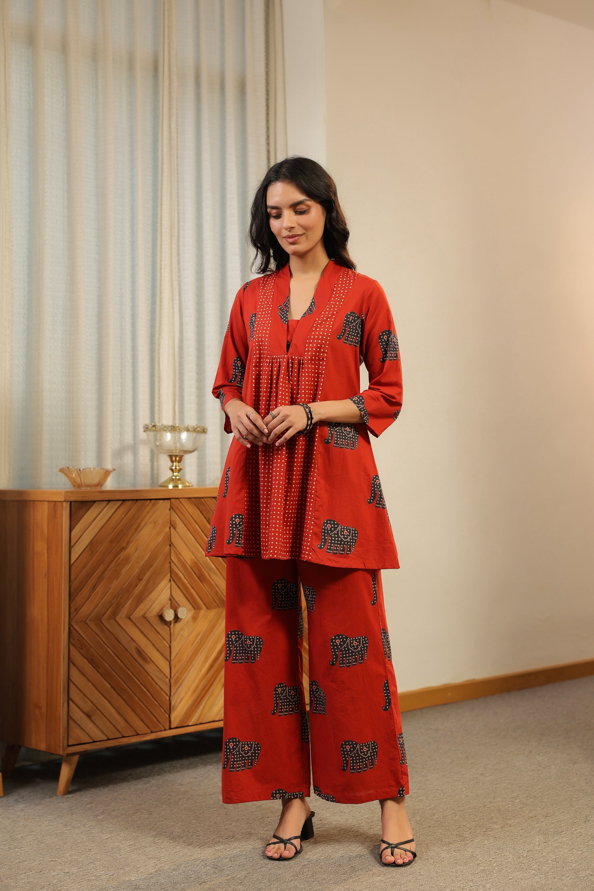 Red Printed with Elephant Motif Cotton Co-ord Set
