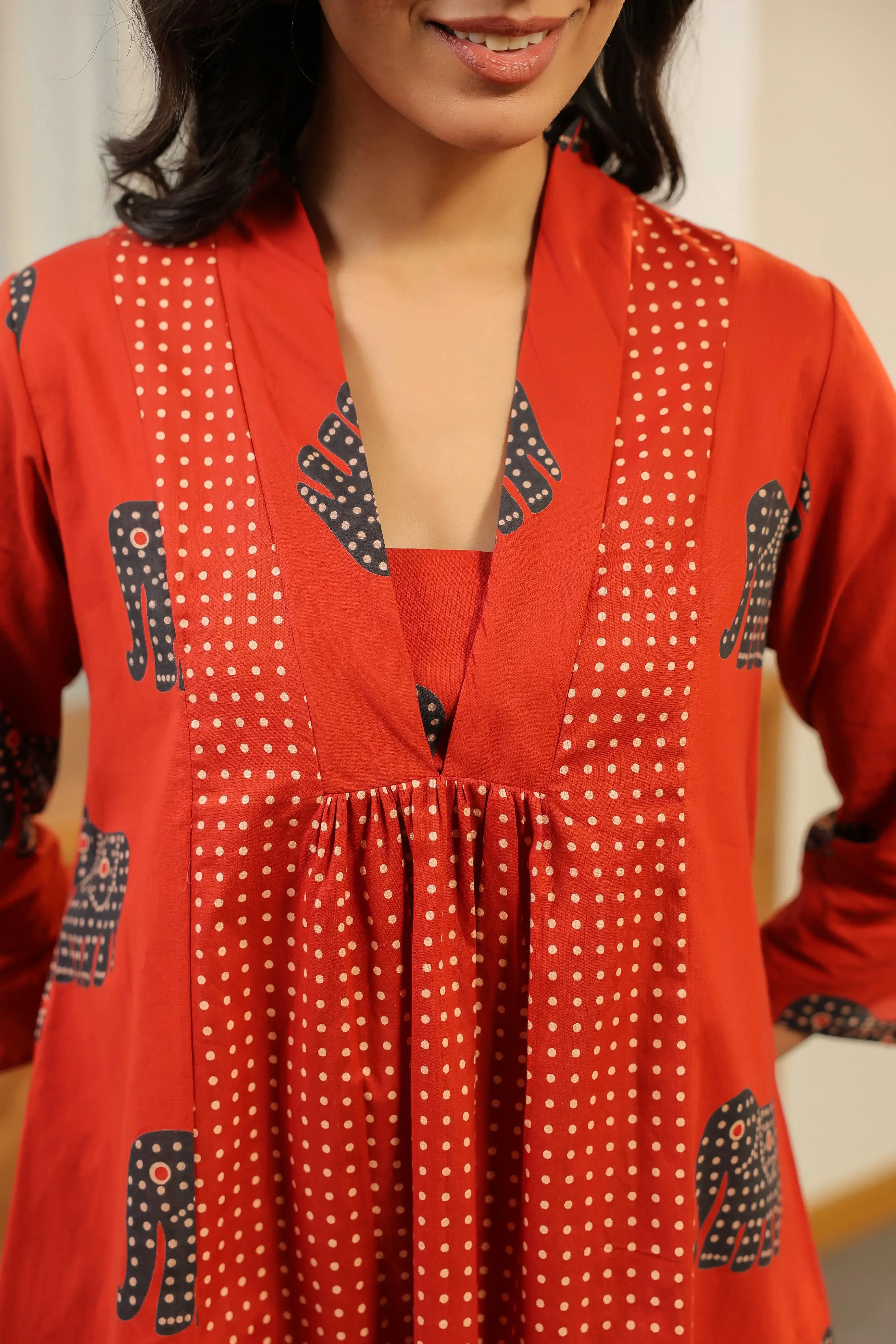 Red Printed  with Elephant Motif Co-ord Set