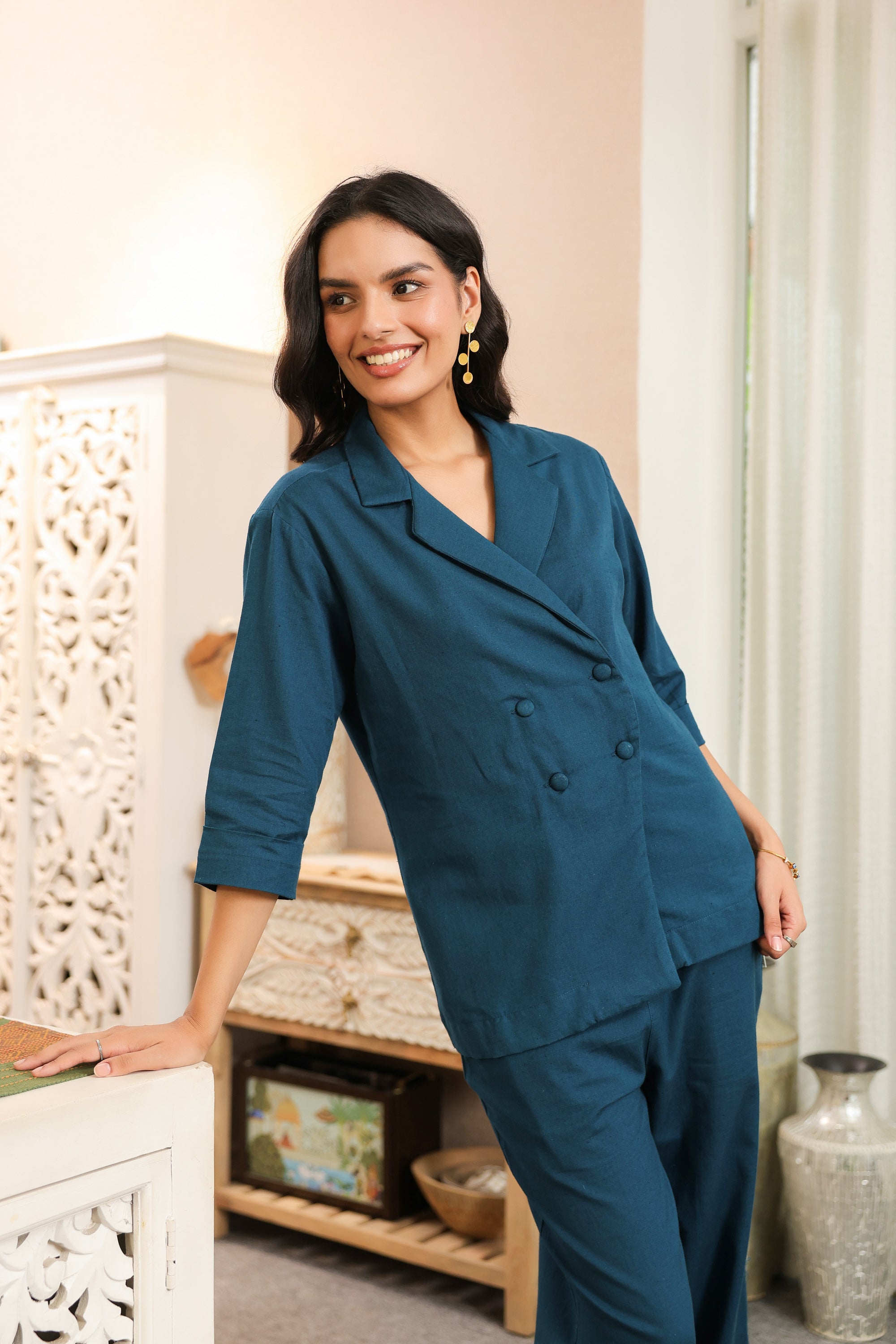 Solid Teal Blue Double-Breasted Cotton Flex Co-ord Set