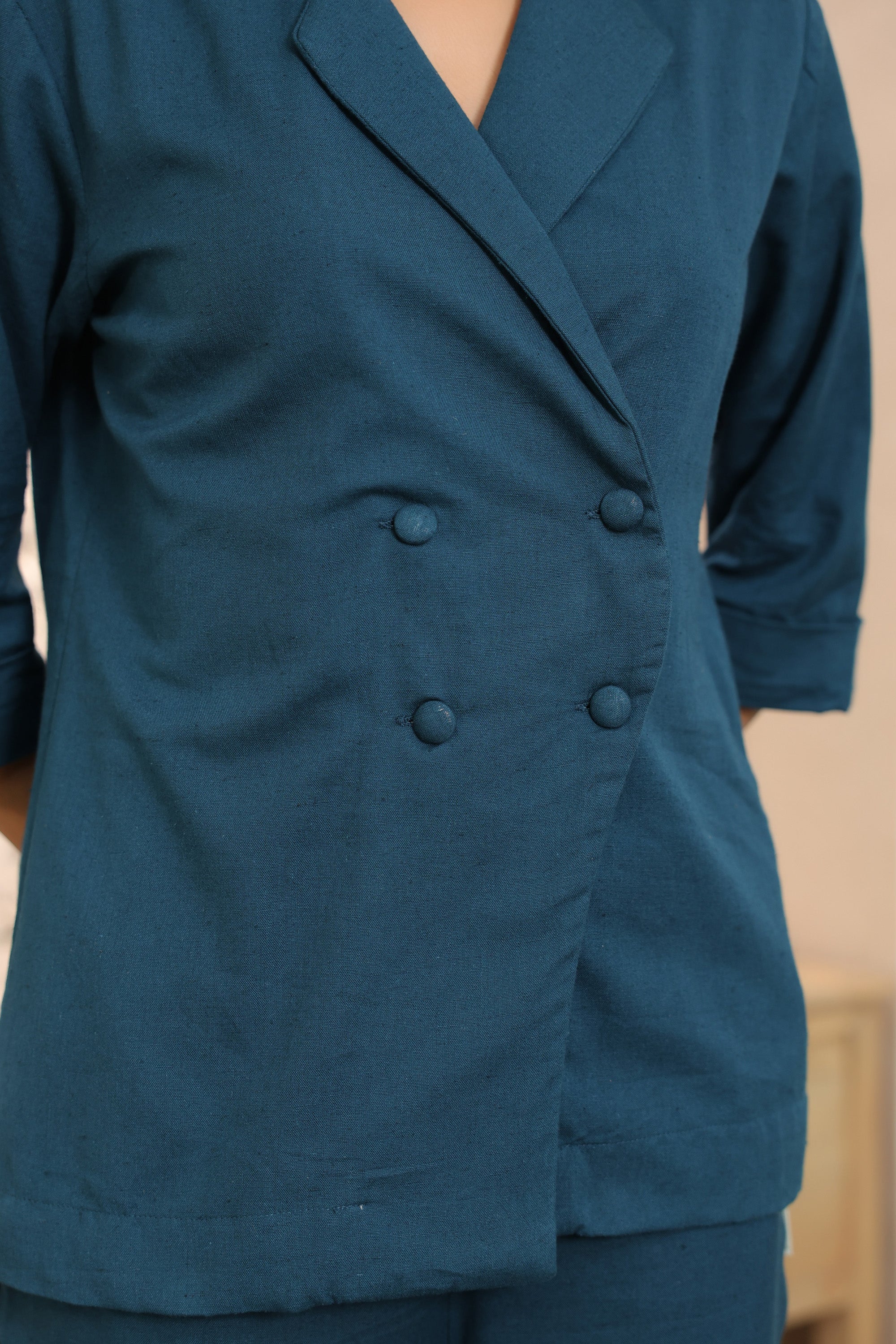 Solid Teal Blue Double-Breasted Cotton Flex Co-ord Set