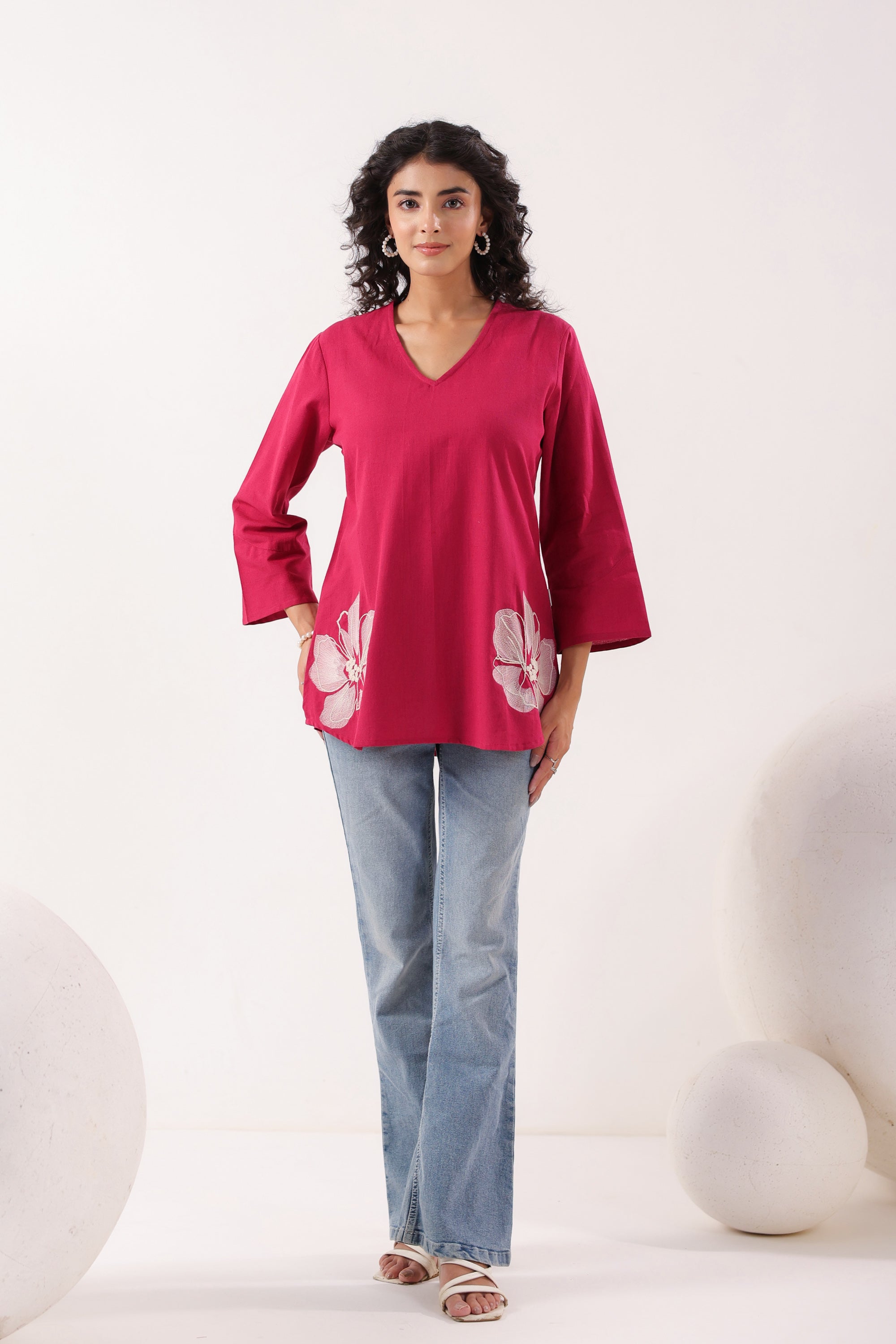 Floral Charm Maganta Cotton Flex Top