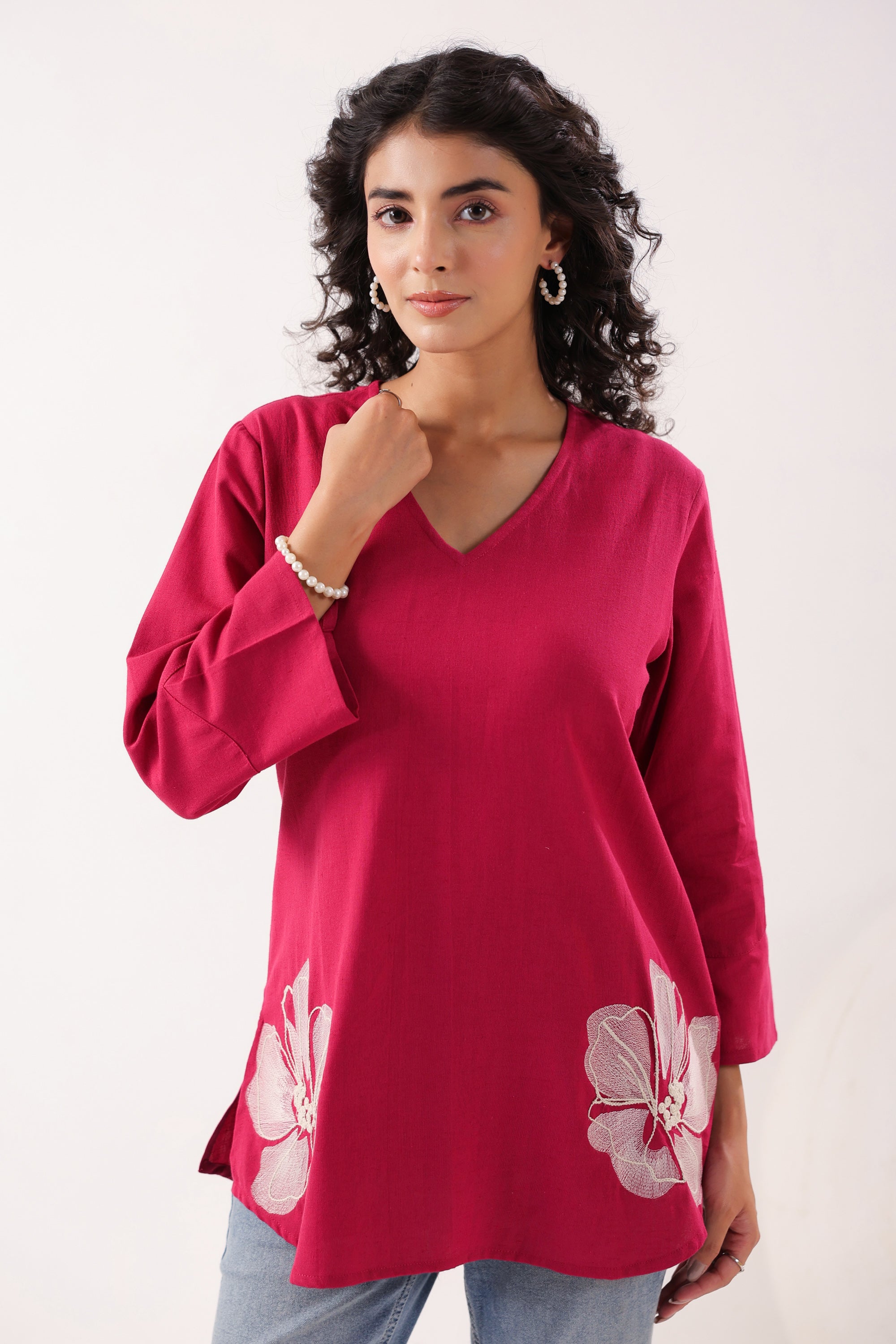 Floral Charm Maganta Cotton Flex Top