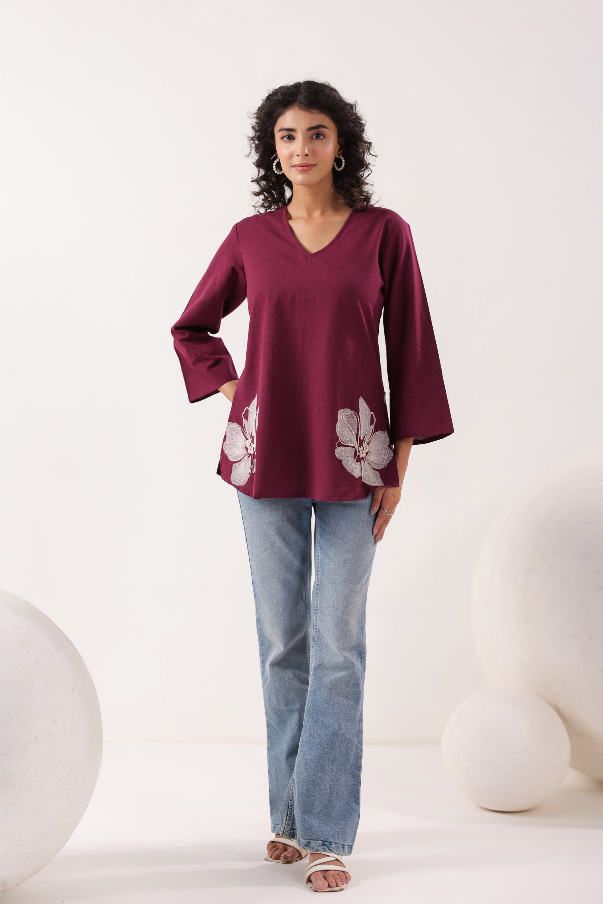 Petal Touch Embroidered Wine Cotton Flex Top