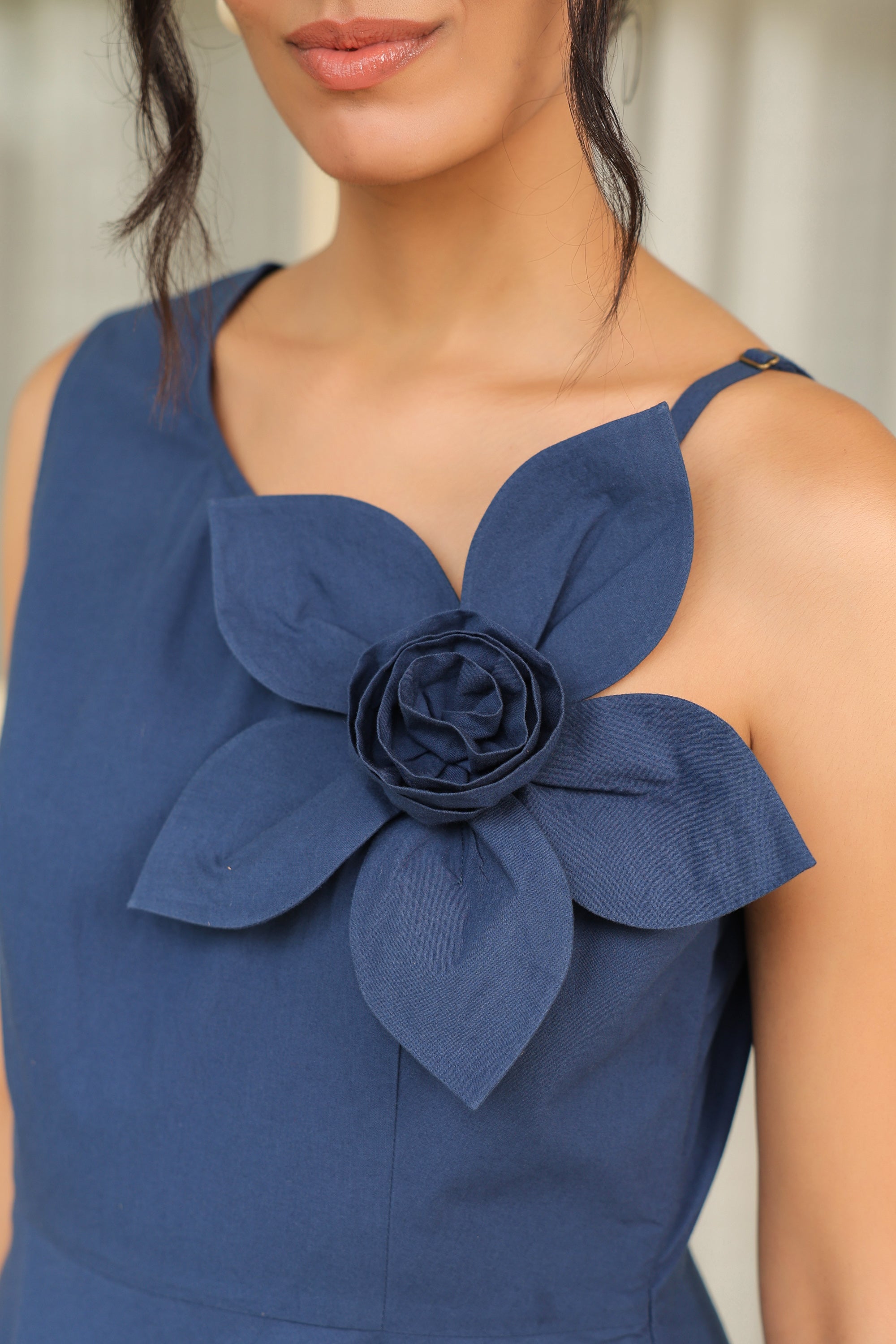 Midnight Blue Bloom 3D Flower Dress