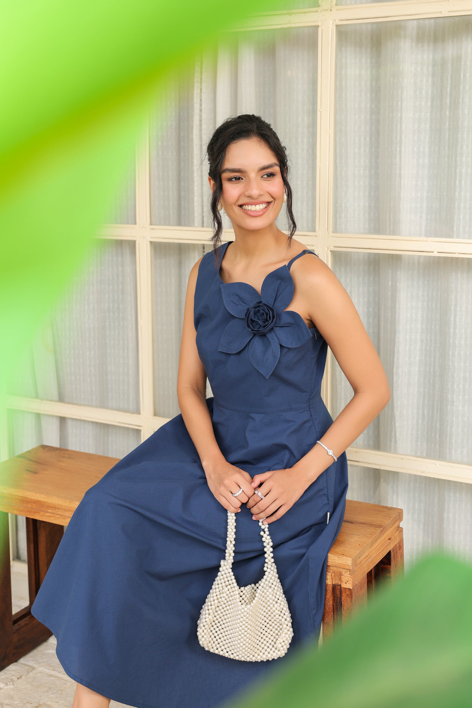 Midnight Blue Bloom 3D Flower Dress