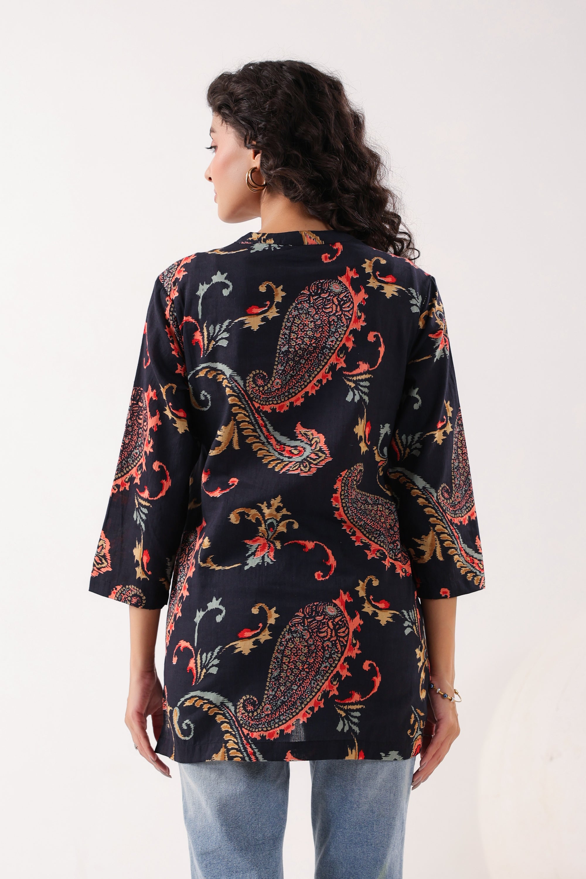 Dark Paisley Floral Printed Cotton Black Top