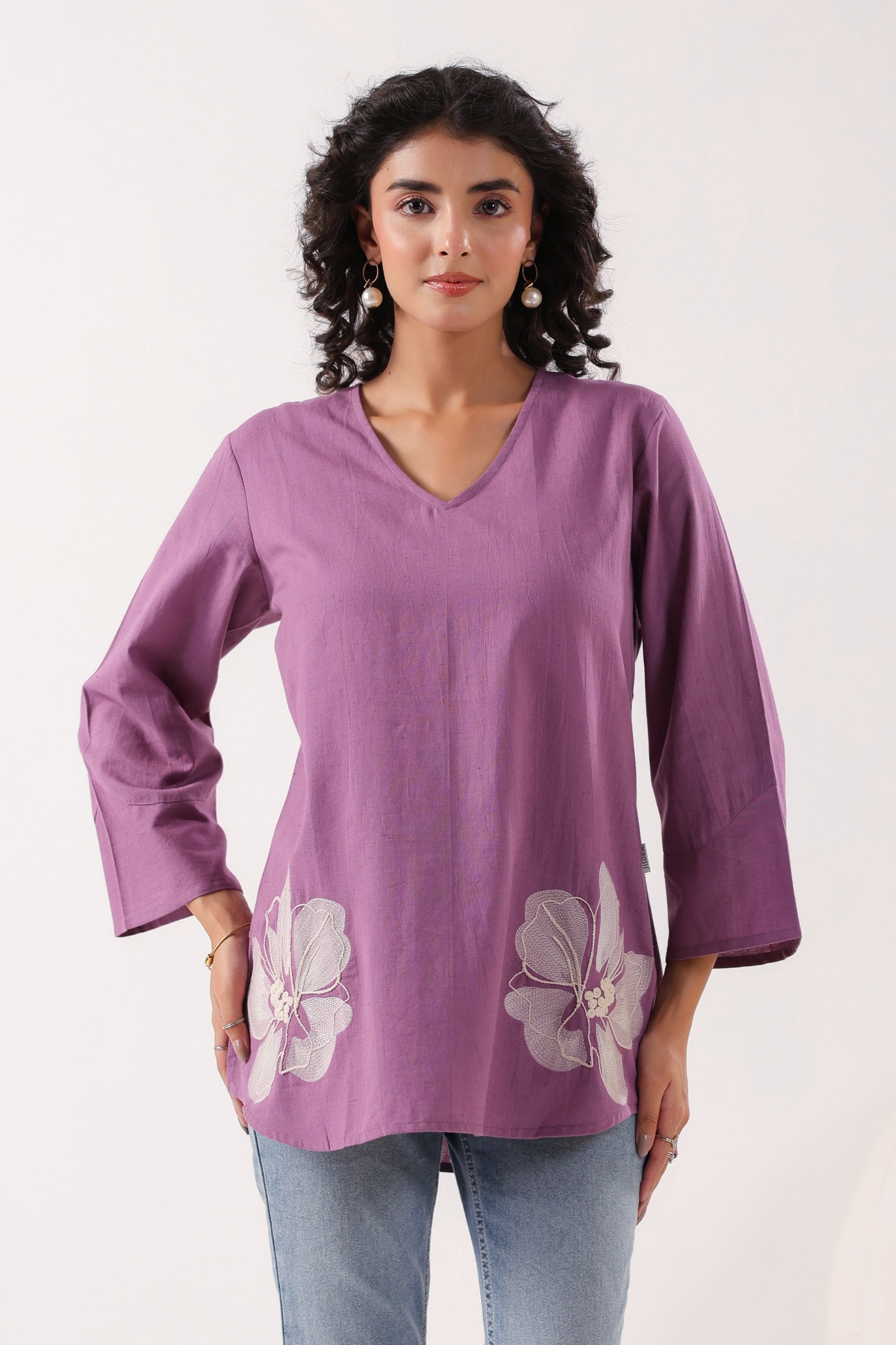 Blossom Breeze Cotton Flex Purple Embroidered Top