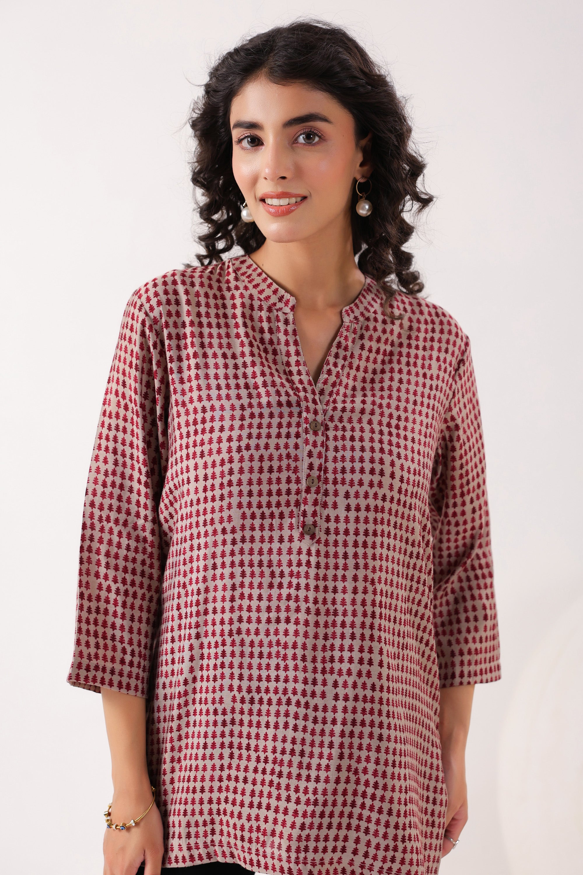 Red & Pink Geometric Muslin Top