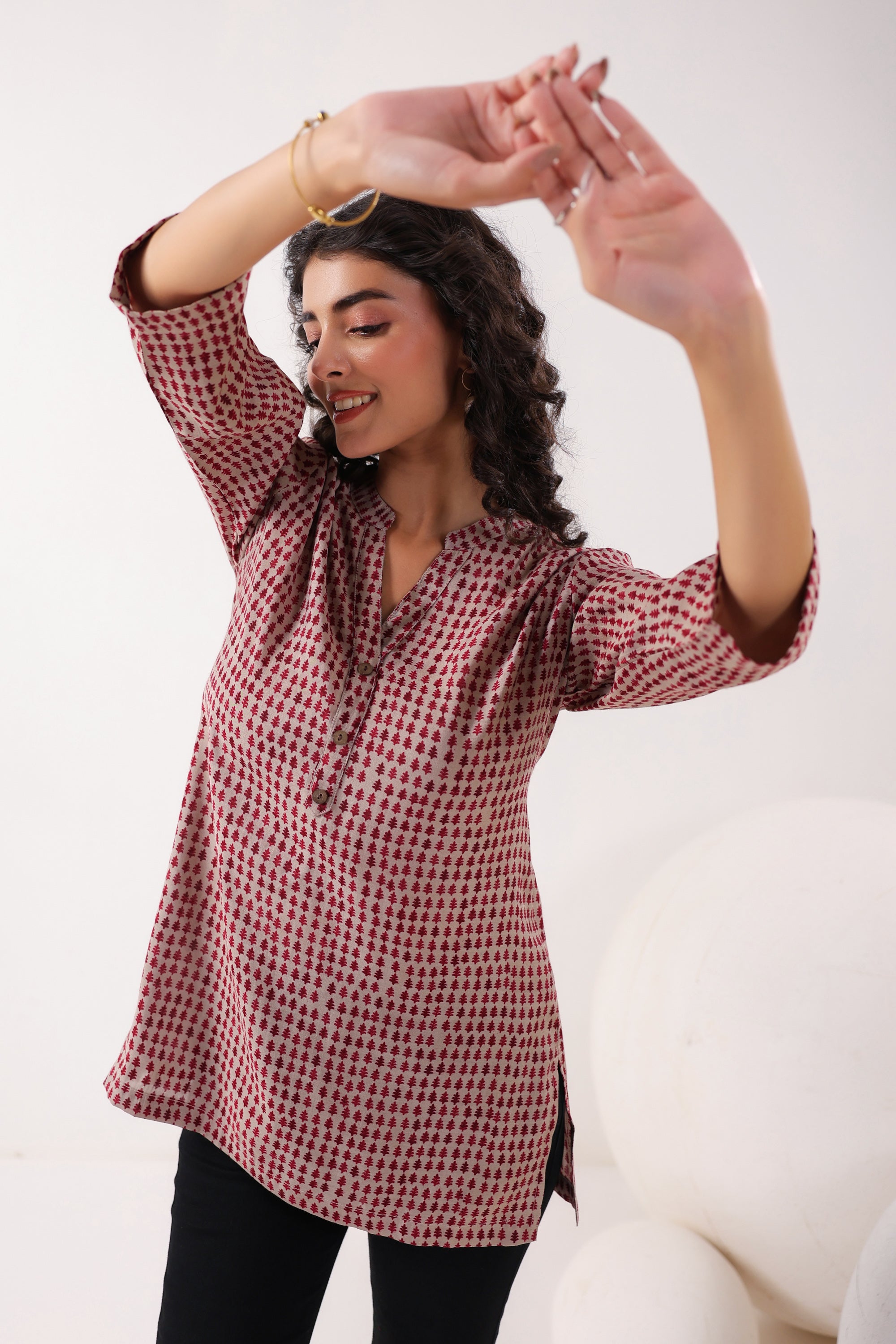 Red & Pink Geometric Muslin Top