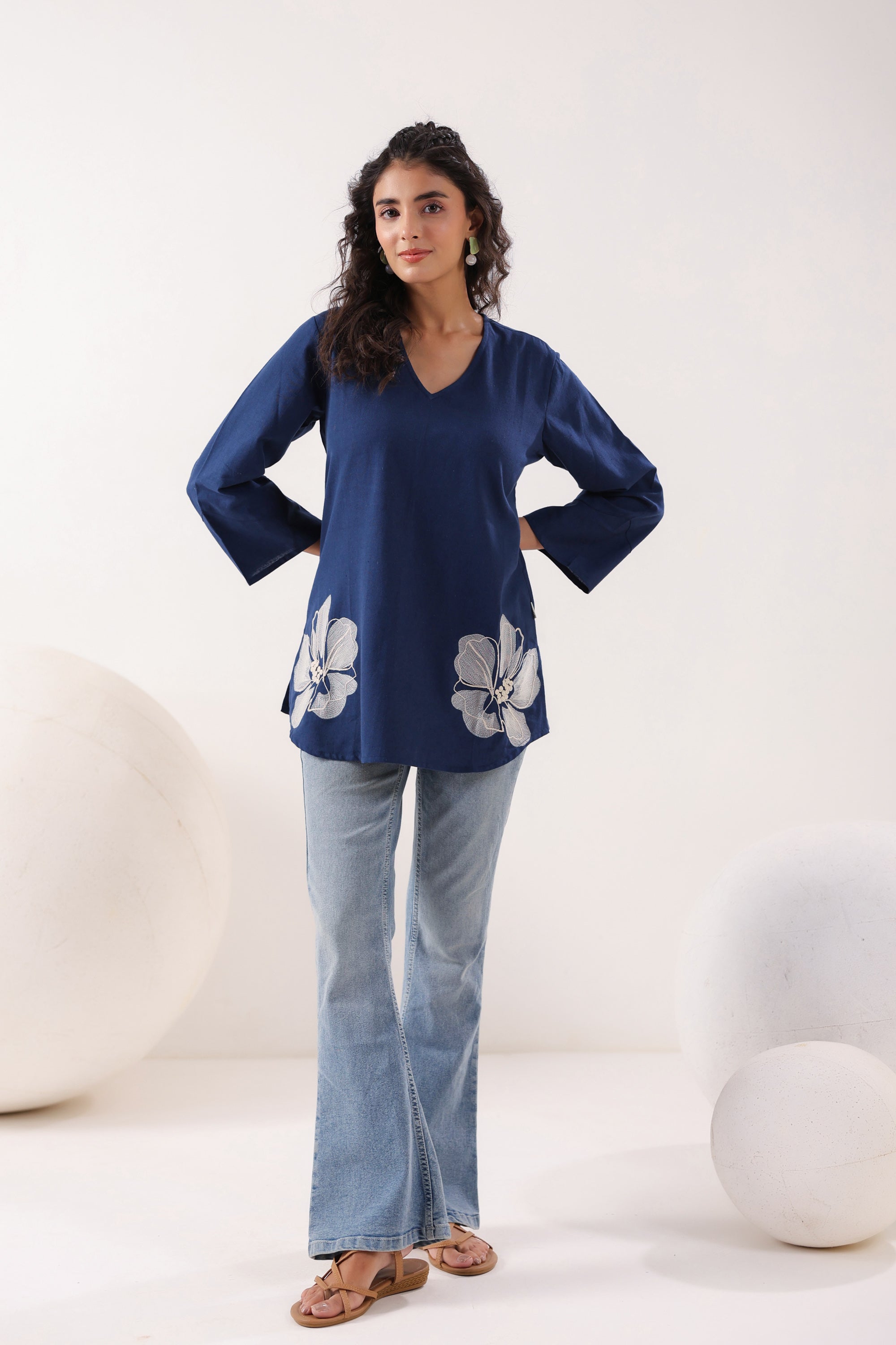 Swirl Essence Collared Blue Cotton Flex Top
