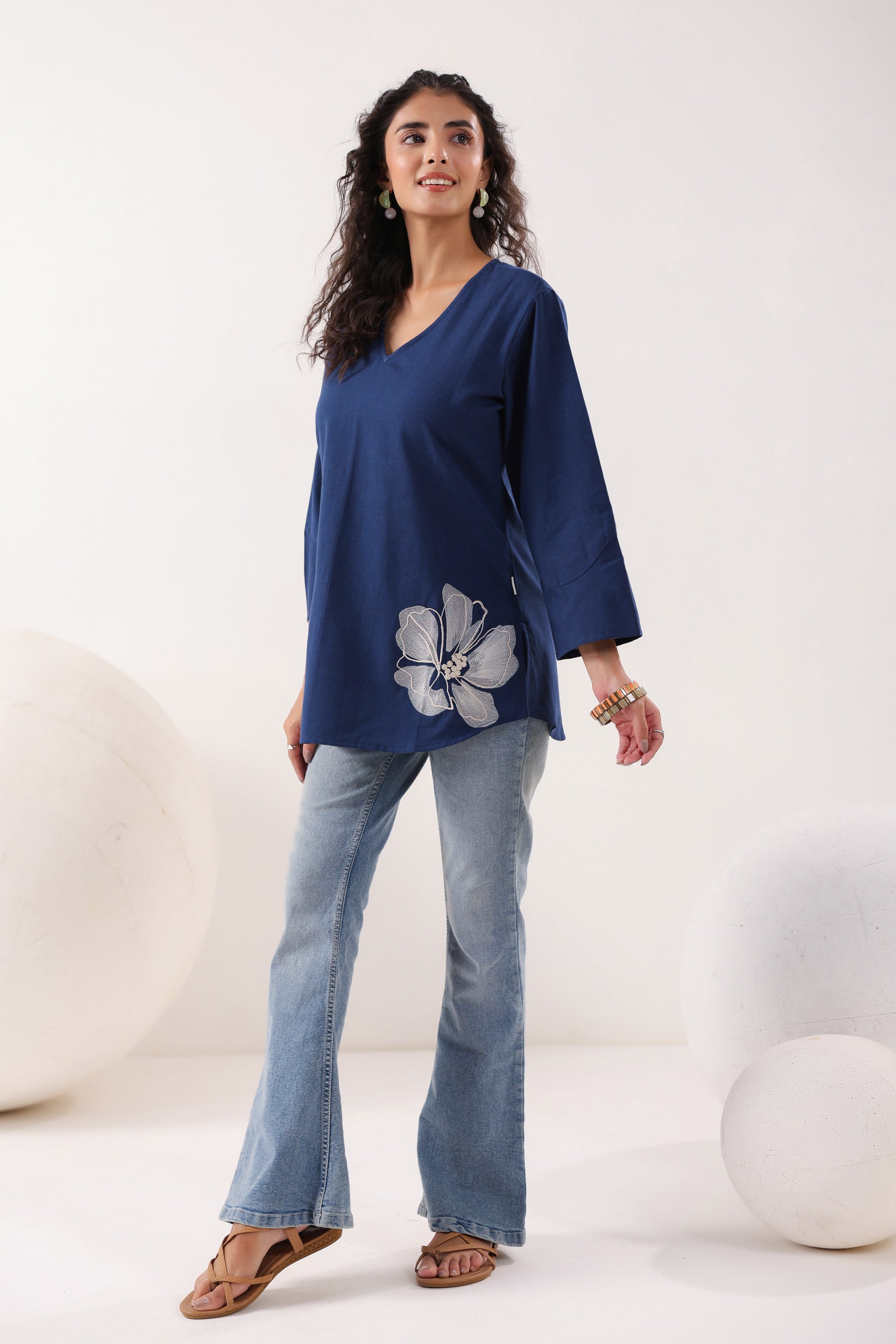 Swirl Essence Collared Blue Cotton Flex Top