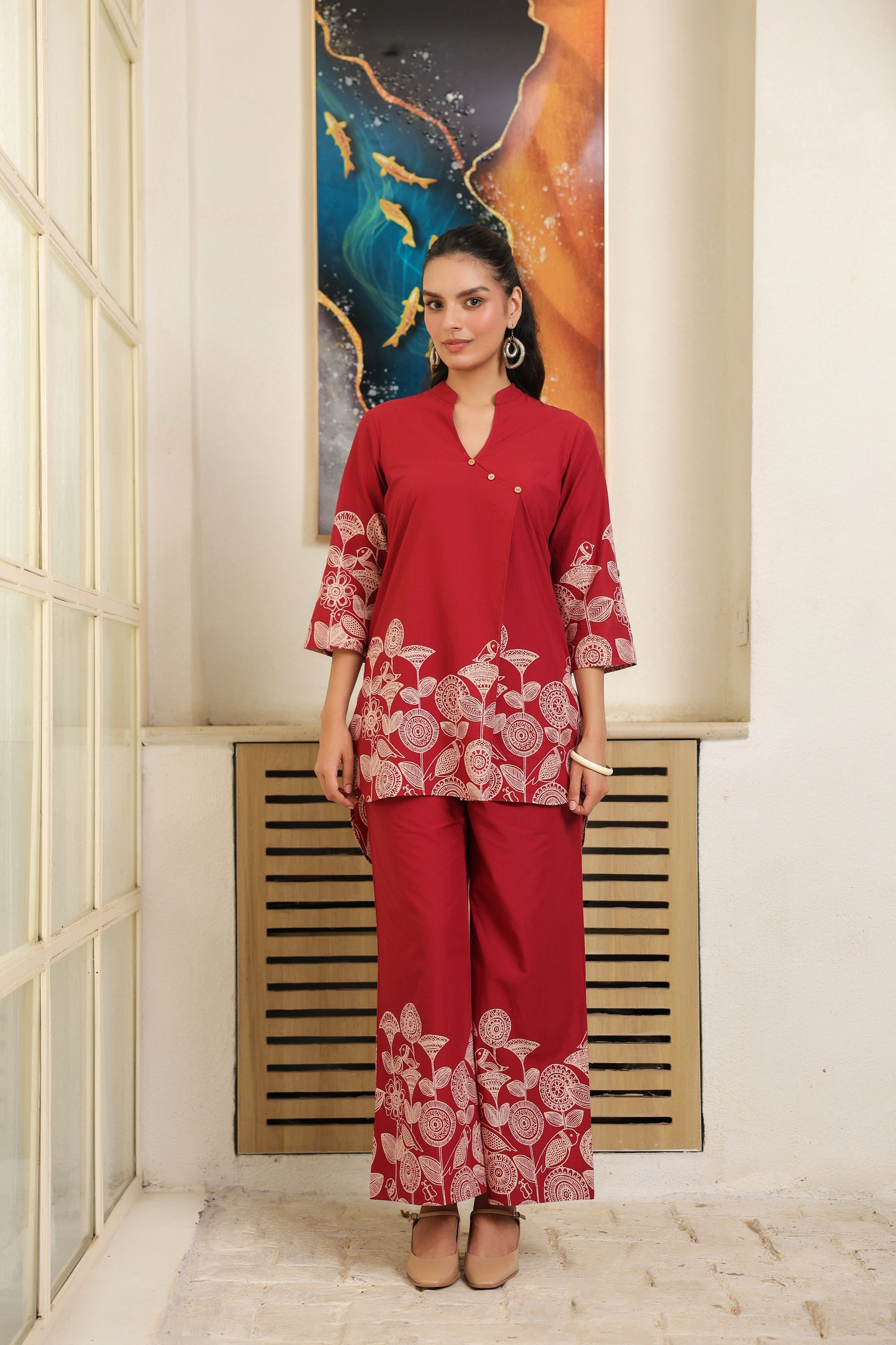 Red Floral Border Printed Cotton Co-ord Set