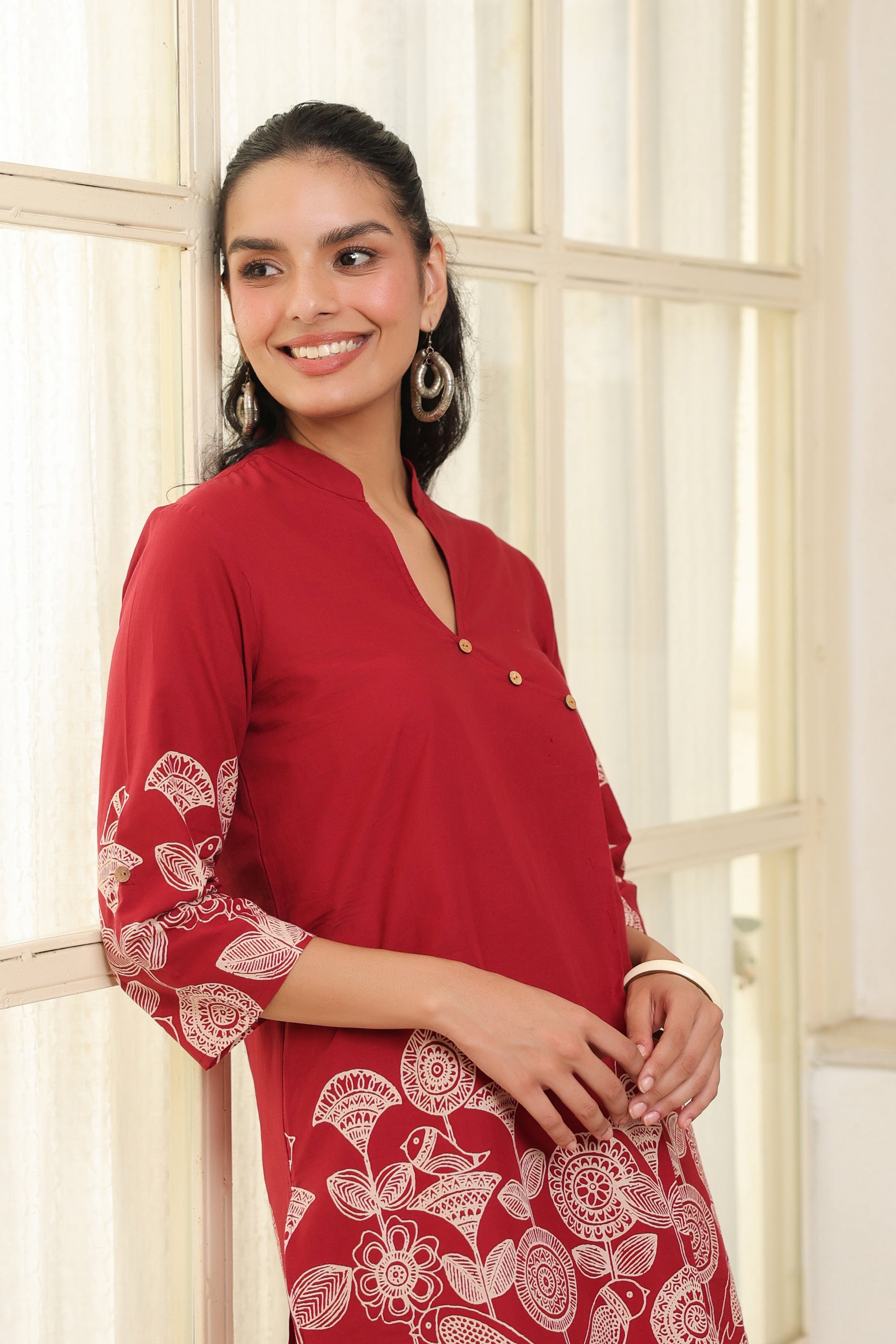 Red Floral Border Printed Cotton Co-ord Set