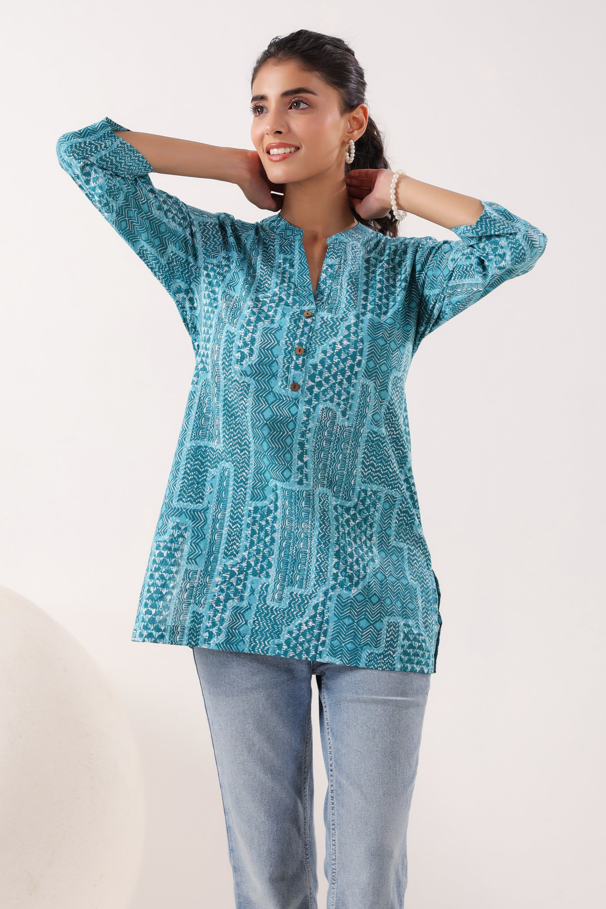 Everyday Ethnic Ensemble Turquoise Printed Cotton Top