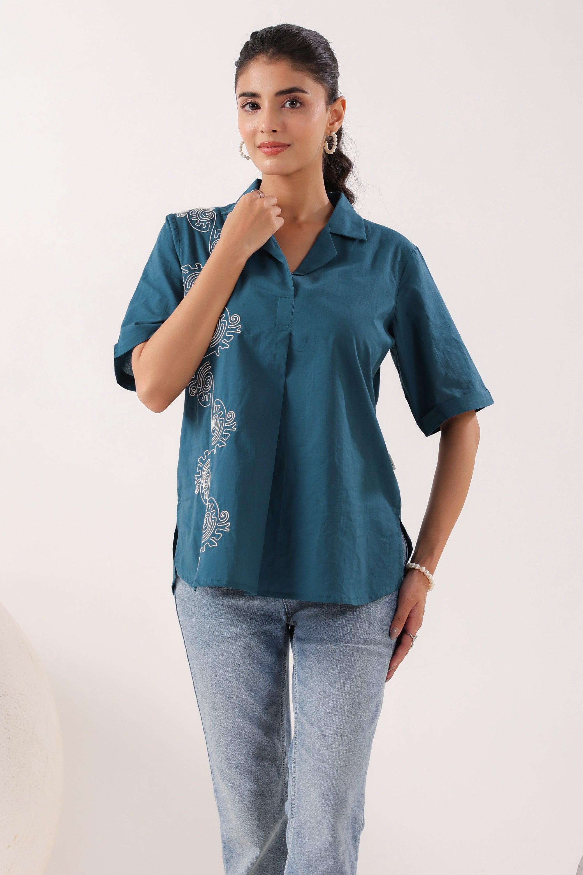 Spiral Elegance Teal Cotton Embroidered Top