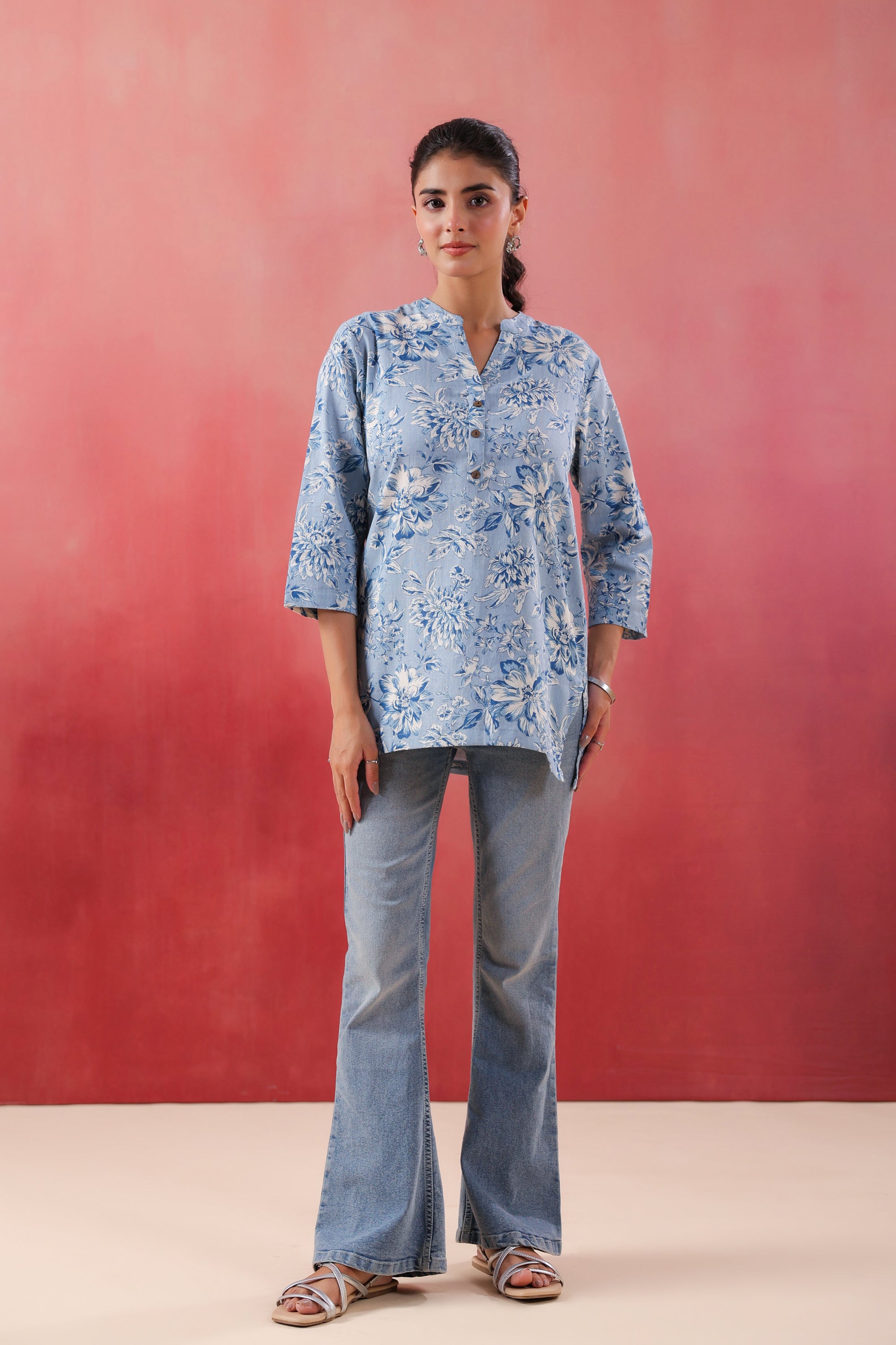 Teal Tide Everyday Blue Printed Cotton Flex Top