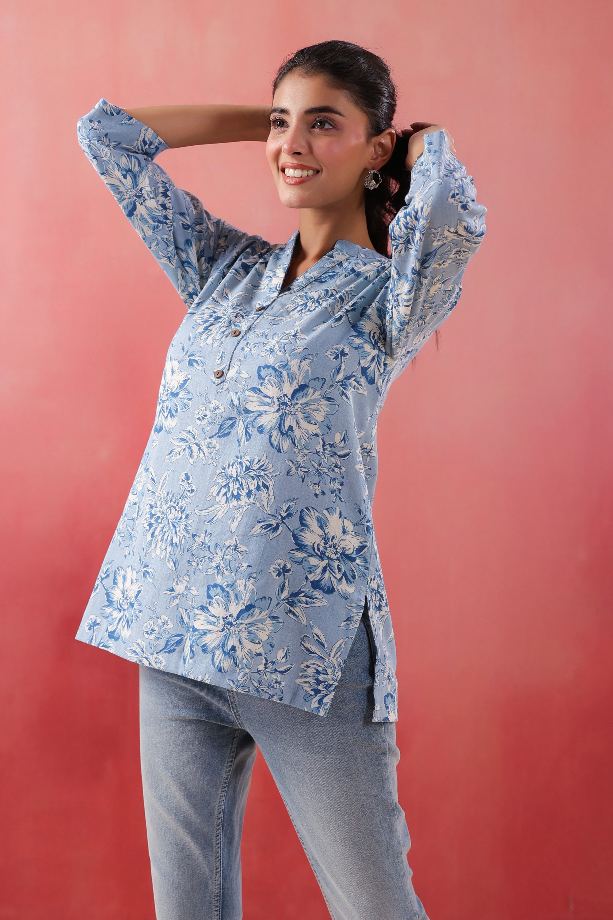 Teal Tide Everyday Blue Printed Cotton Flex Top