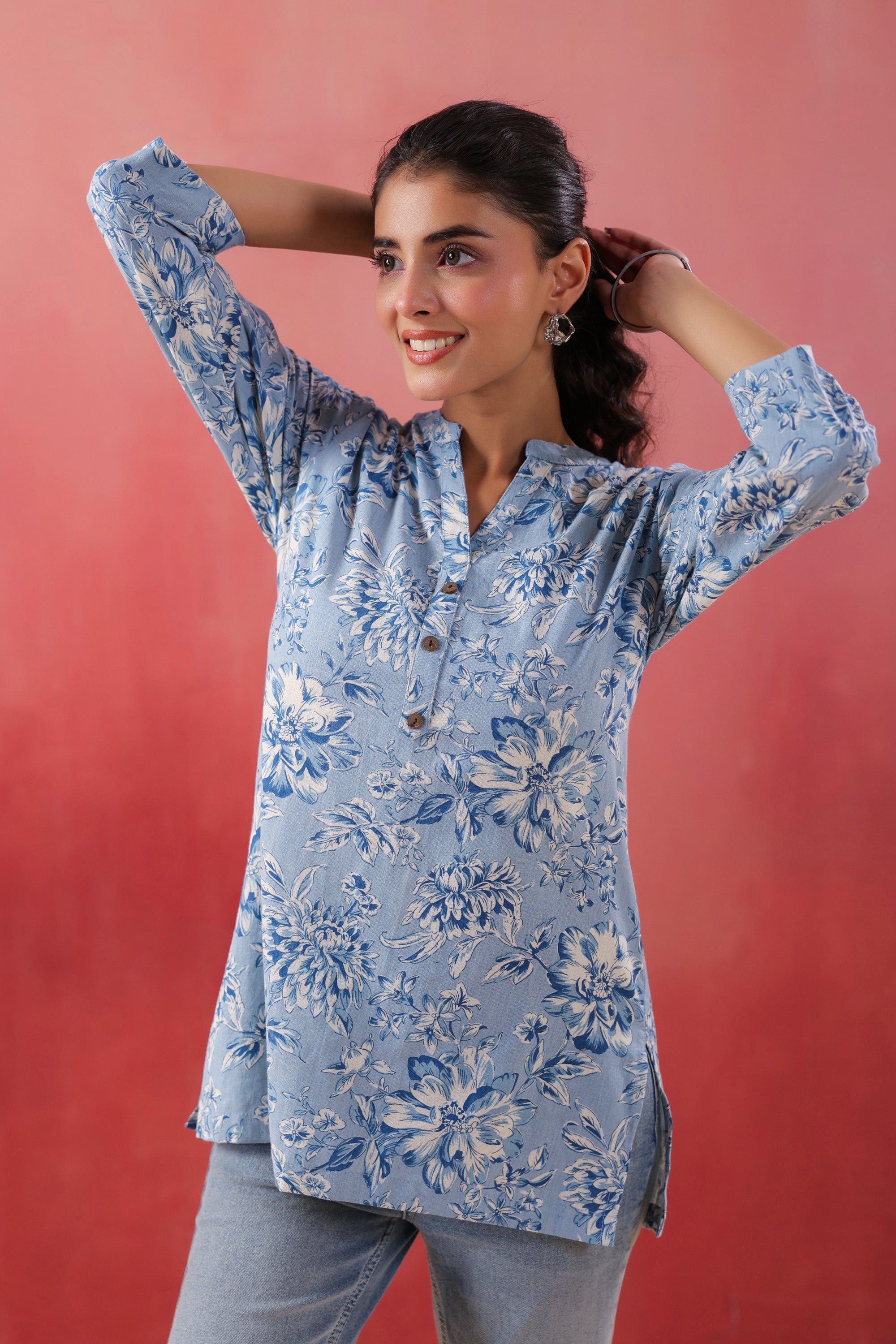 Teal Tide Everyday Blue Printed Cotton Flex Top