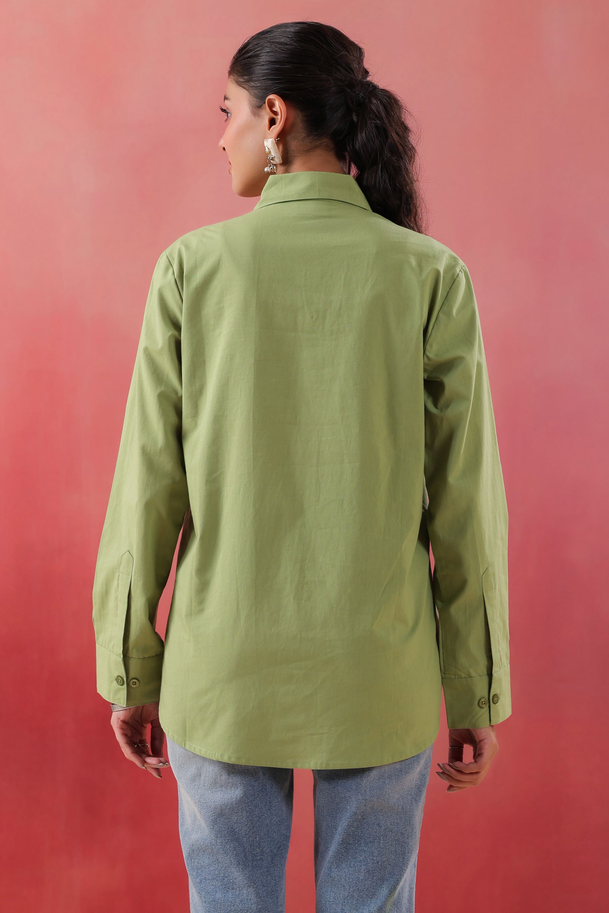 Pastel Meadow Long Sleeve Green Poplin Shirt