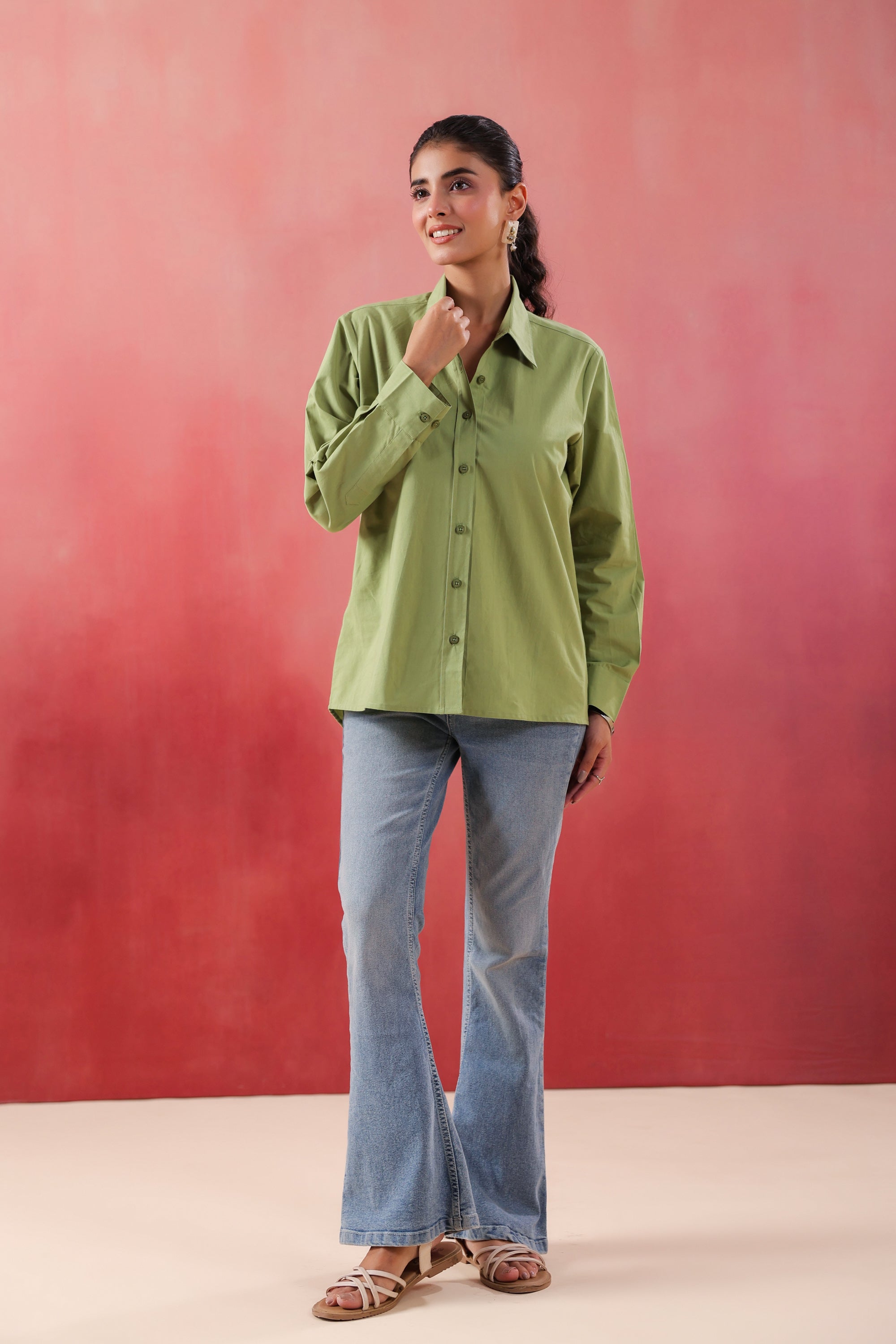 Pastel Meadow Long Sleeve Green Poplin Shirt