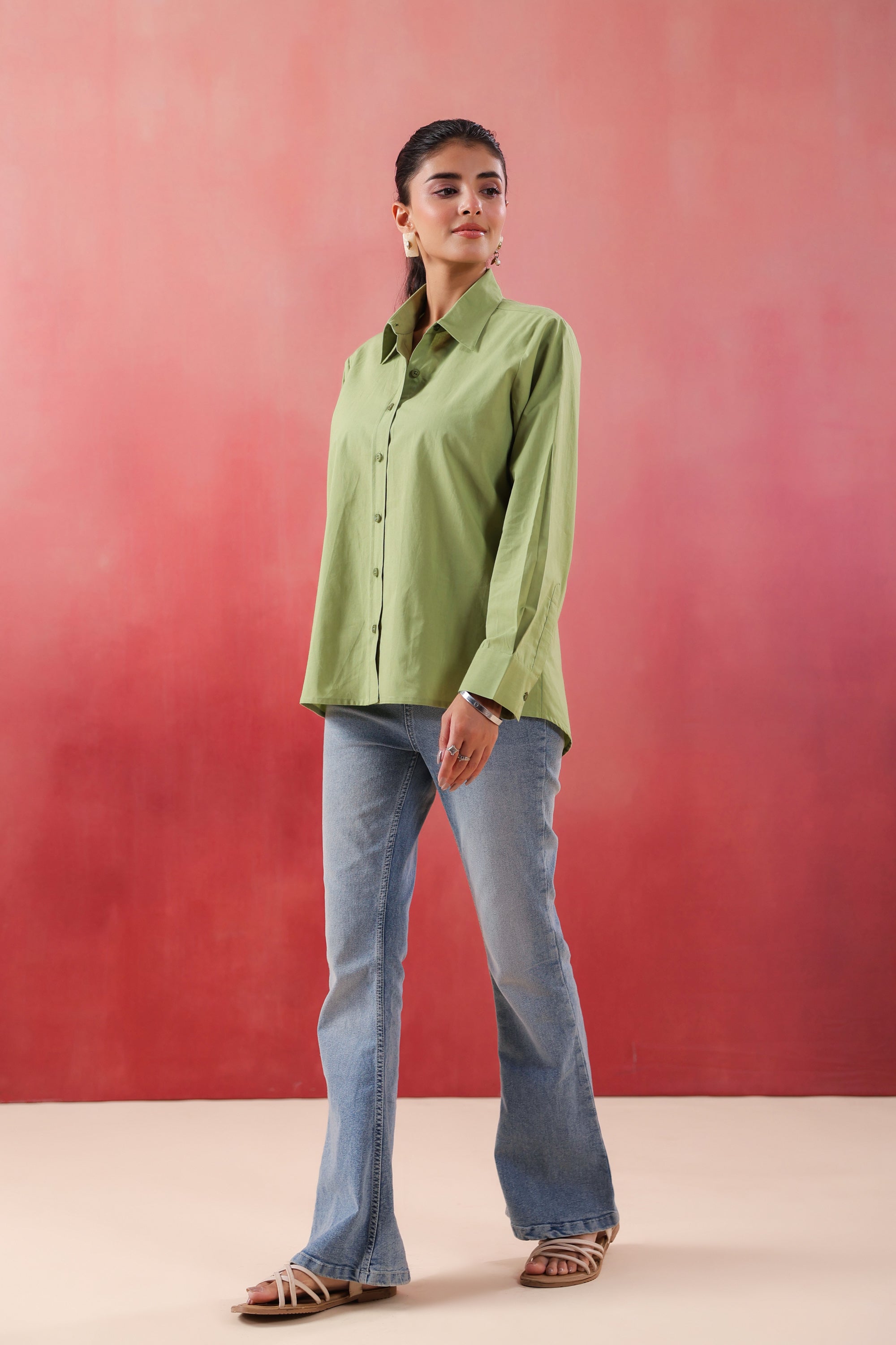 Pastel Meadow Long Sleeve Green Poplin Shirt