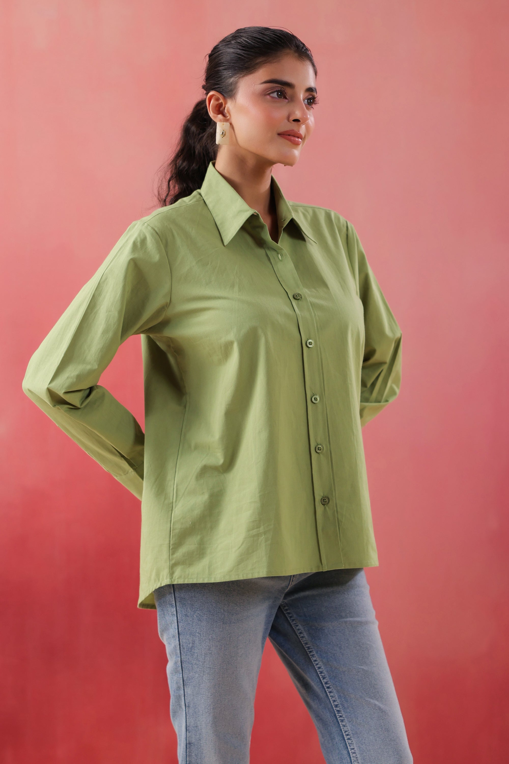 Pastel Meadow Long Sleeve Green Poplin Shirt