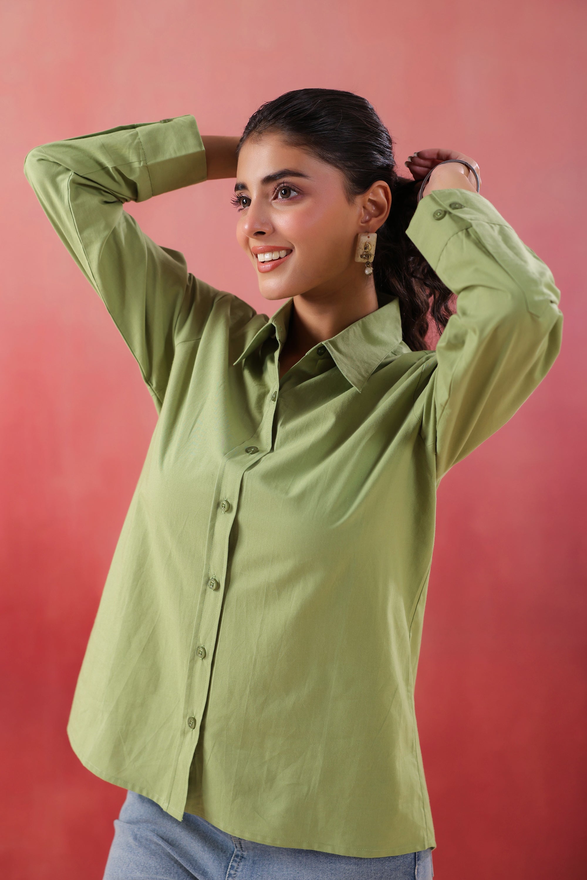 Pastel Meadow Long Sleeve Green Poplin Shirt
