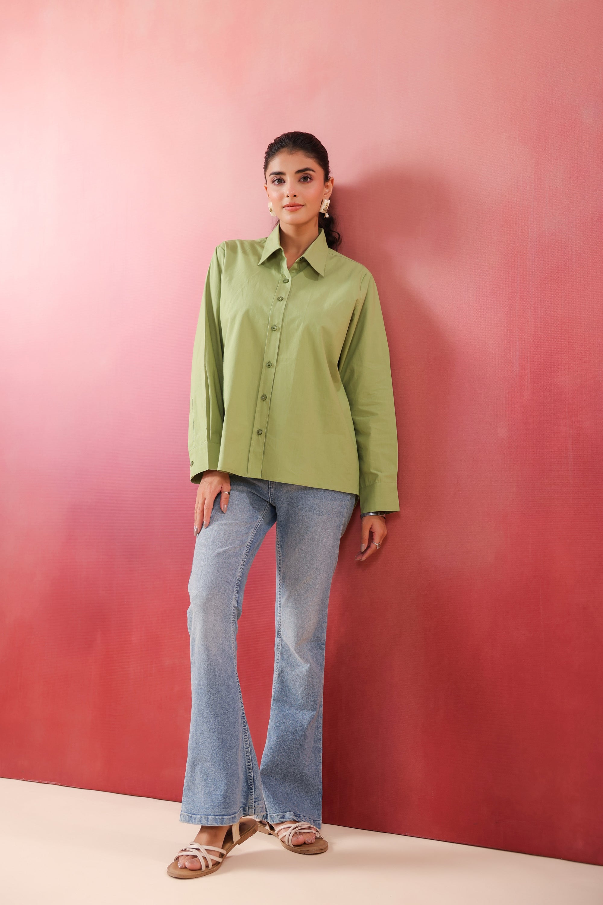 Pastel Meadow Long Sleeve Green Poplin Shirt