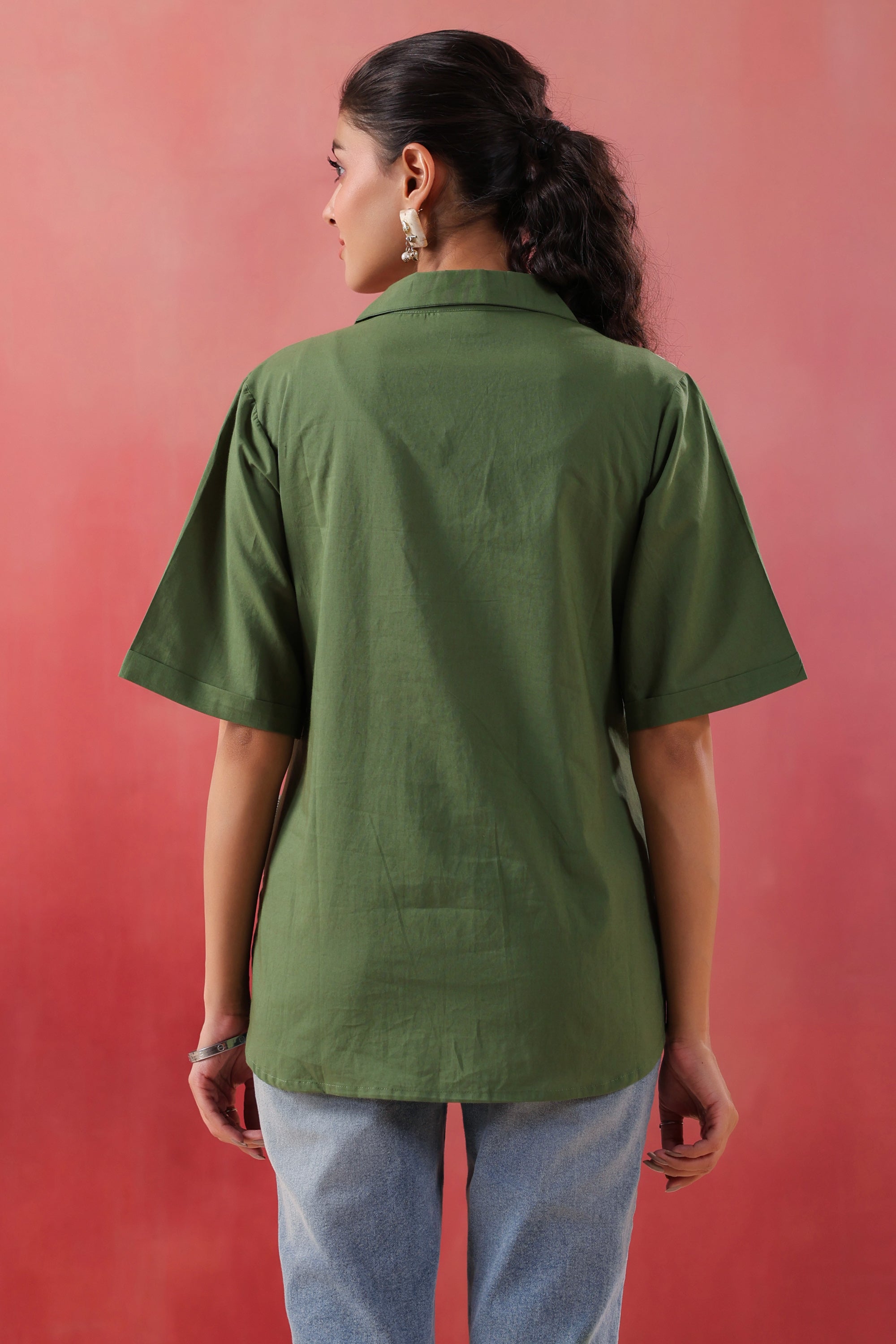 Abstract Swirl Collared Cotton Green Top