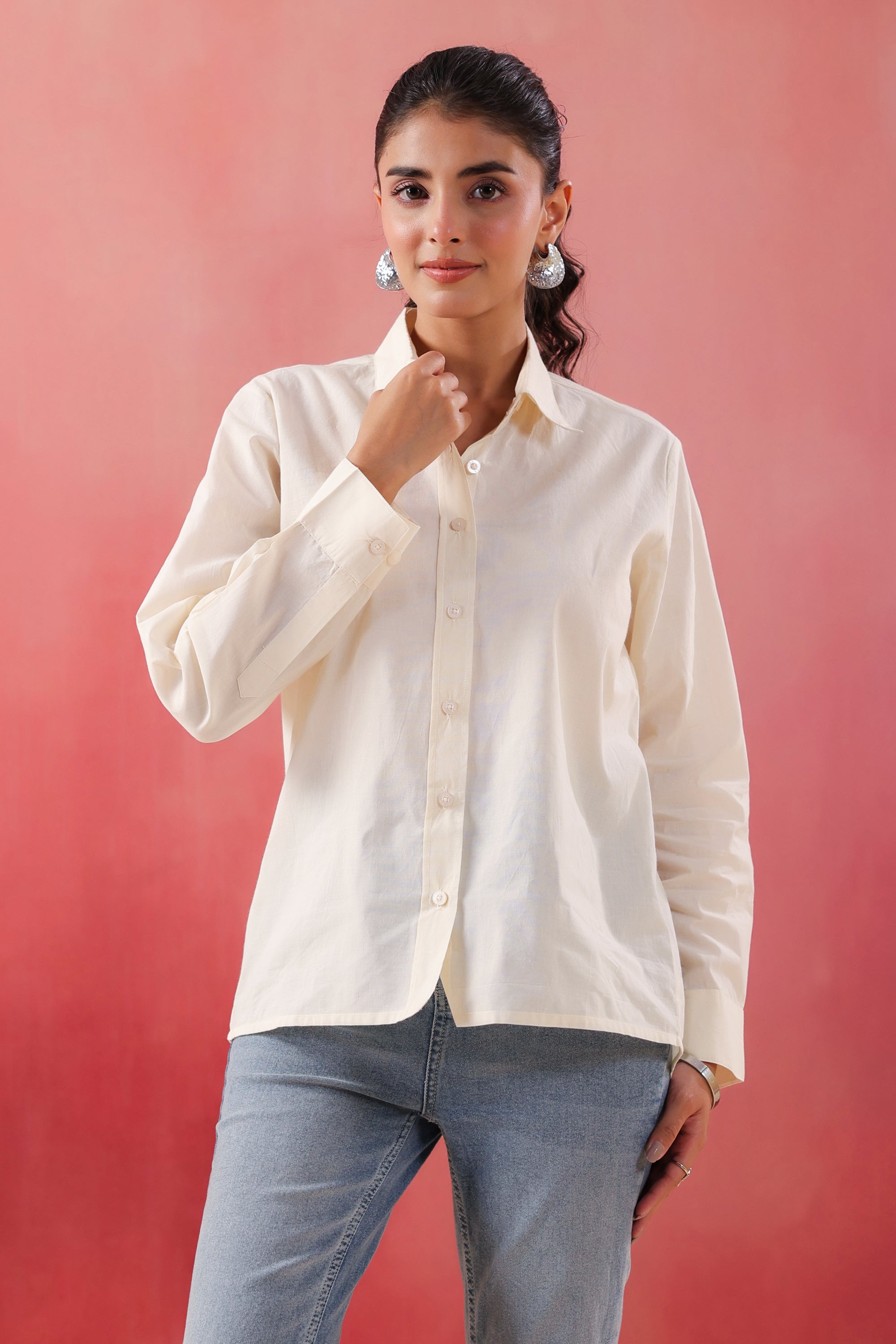 Ivory Glow Collared Off- White Poplin Shirt