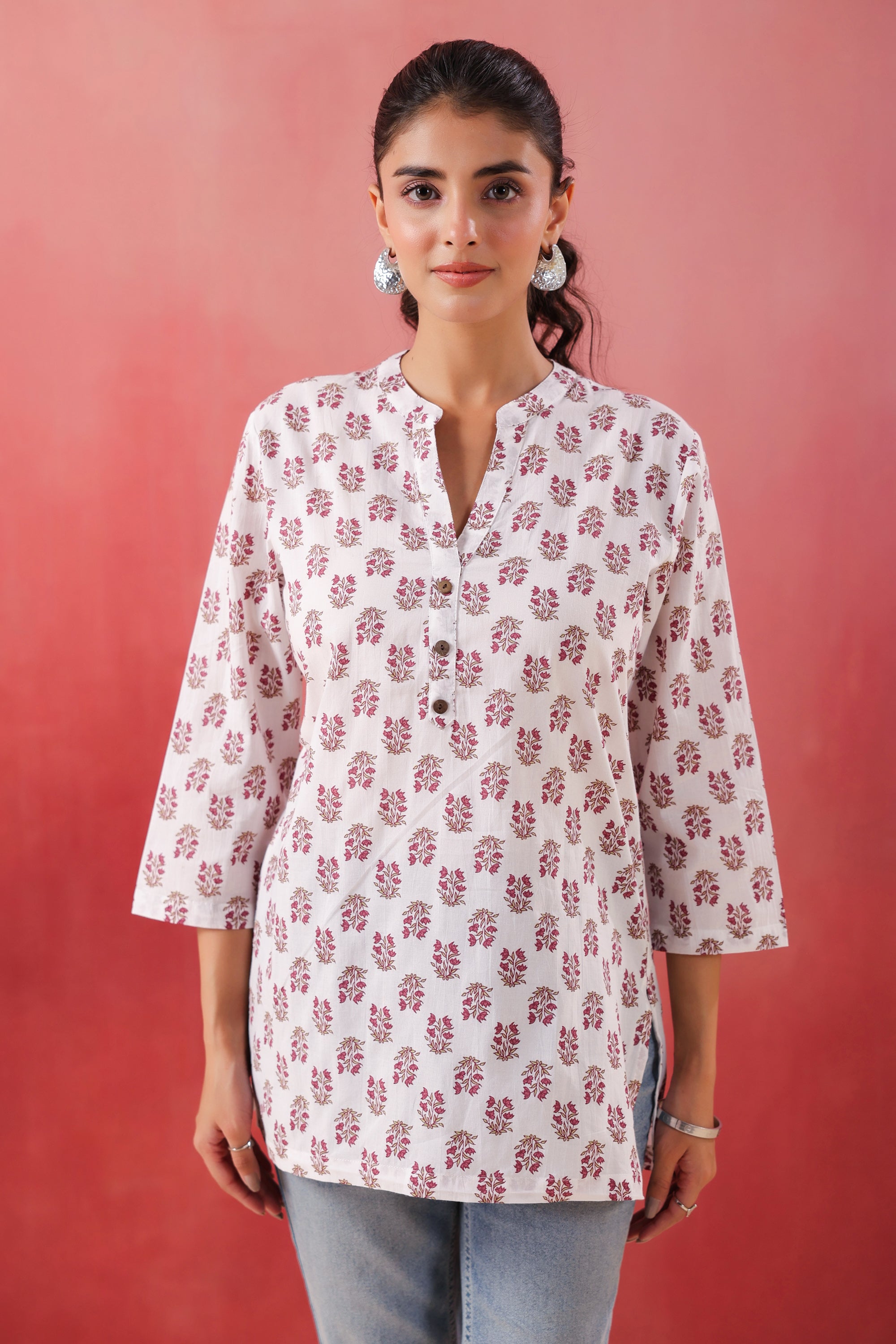 Crimson Charm White Cotton Printed Top